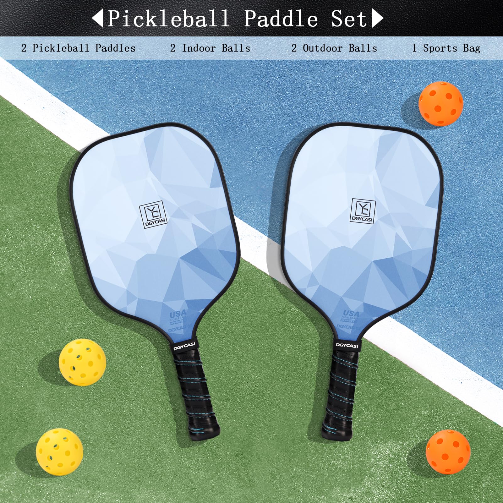 Pickleball Paddles Set of 2, 2023 USAPA Approved, Carbon Fiber Surface (CHS), Polypropylene Honeycomb Core, Anti-Slip Sweat-Absorbing Grip, 4 Pickleball, Portable Carry Bag (Blue)