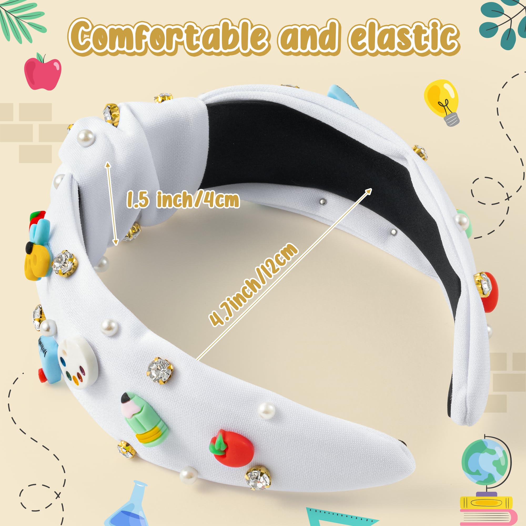 PANTIDE Teacher Jeweled Knotted Headband - Back To School Gift Apple Pencil Rhinestone Pearl Embellished Headband Wide Top Knot Hair Accessories Teacher Appreciation Birthday for Women Girls (White)