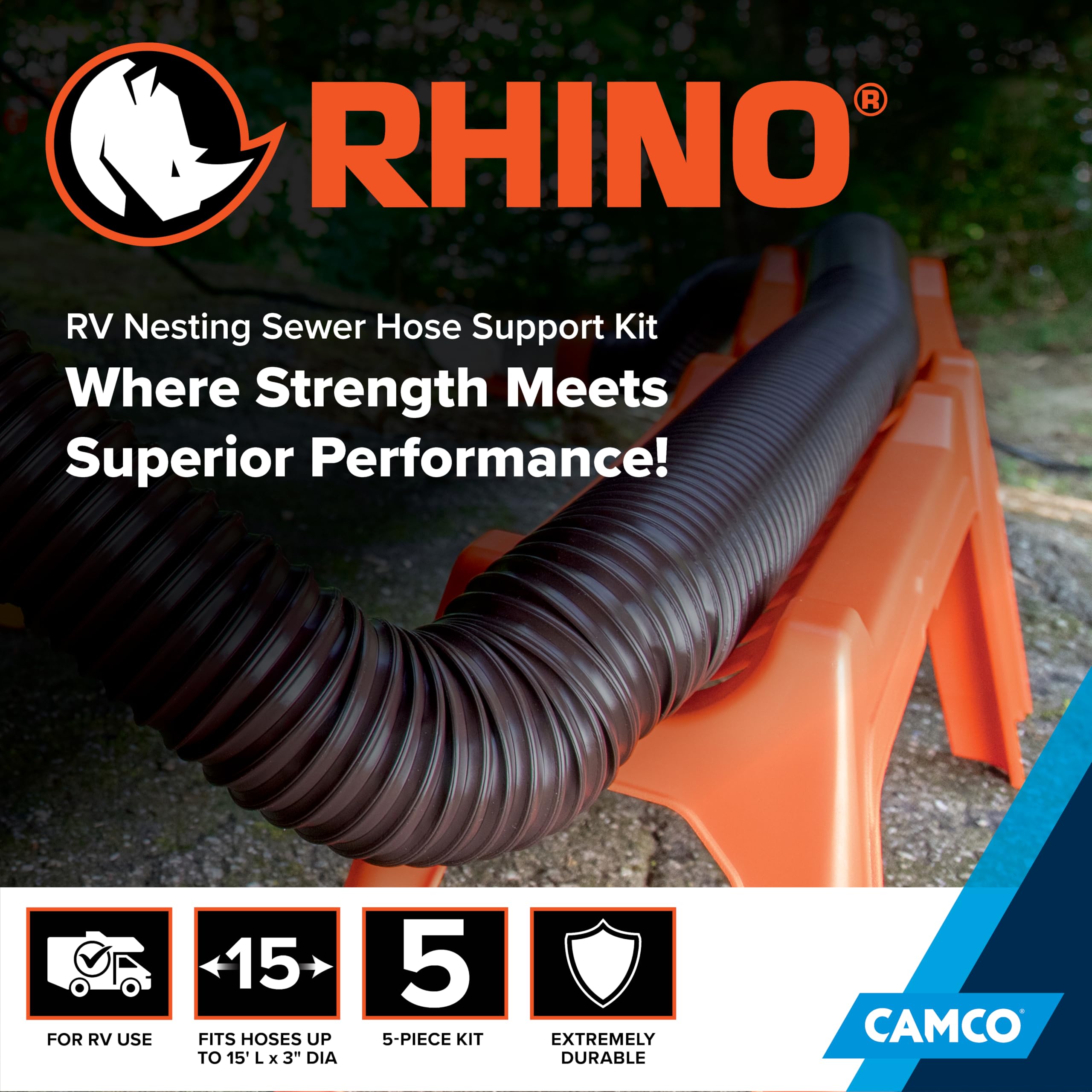 Camco Rhino RV Sewer Hose Support Kit - Extends Over Uneven Terrain for Easy Drainage - Supports Up to 15-Feet of RV Sewer Hose - Features Nesting Design for Storage - 5 Support Sections (43072)