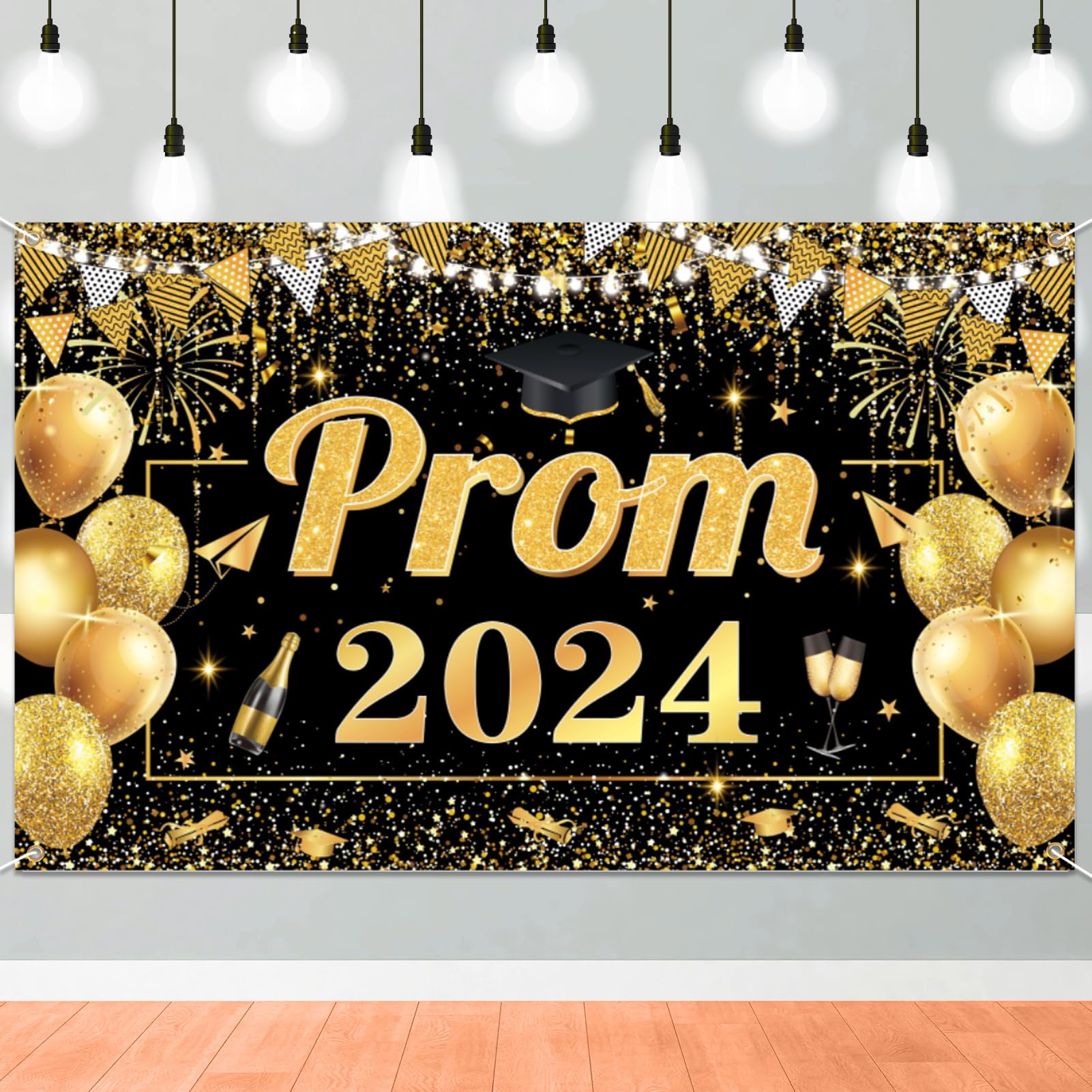 Qpout Prom 2024 Backdrop Black Gold Graduation Prom Night Class of 2024 Background Banner for Indoor Outdoor Grad University Student Graduation Prom Party Decorations,70.8 * 43.3inch