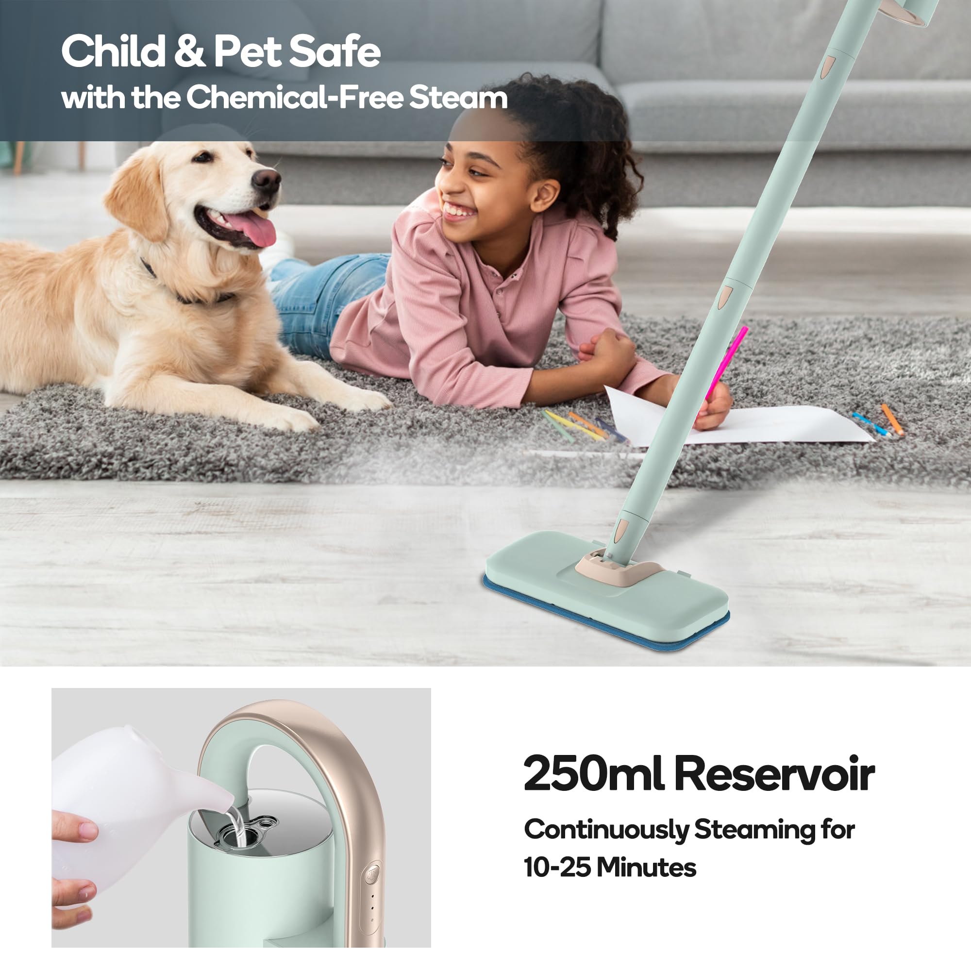 Newbealer Steam Mop & Detachable Handheld Cleaner, 250ml 1200W Powerful Floor Steamer, 3 Adjustable Levels for Carpet Laminate Hardwood Grout, Carpet Glider, 7 Multi-purpose Accessories & 2 Pads