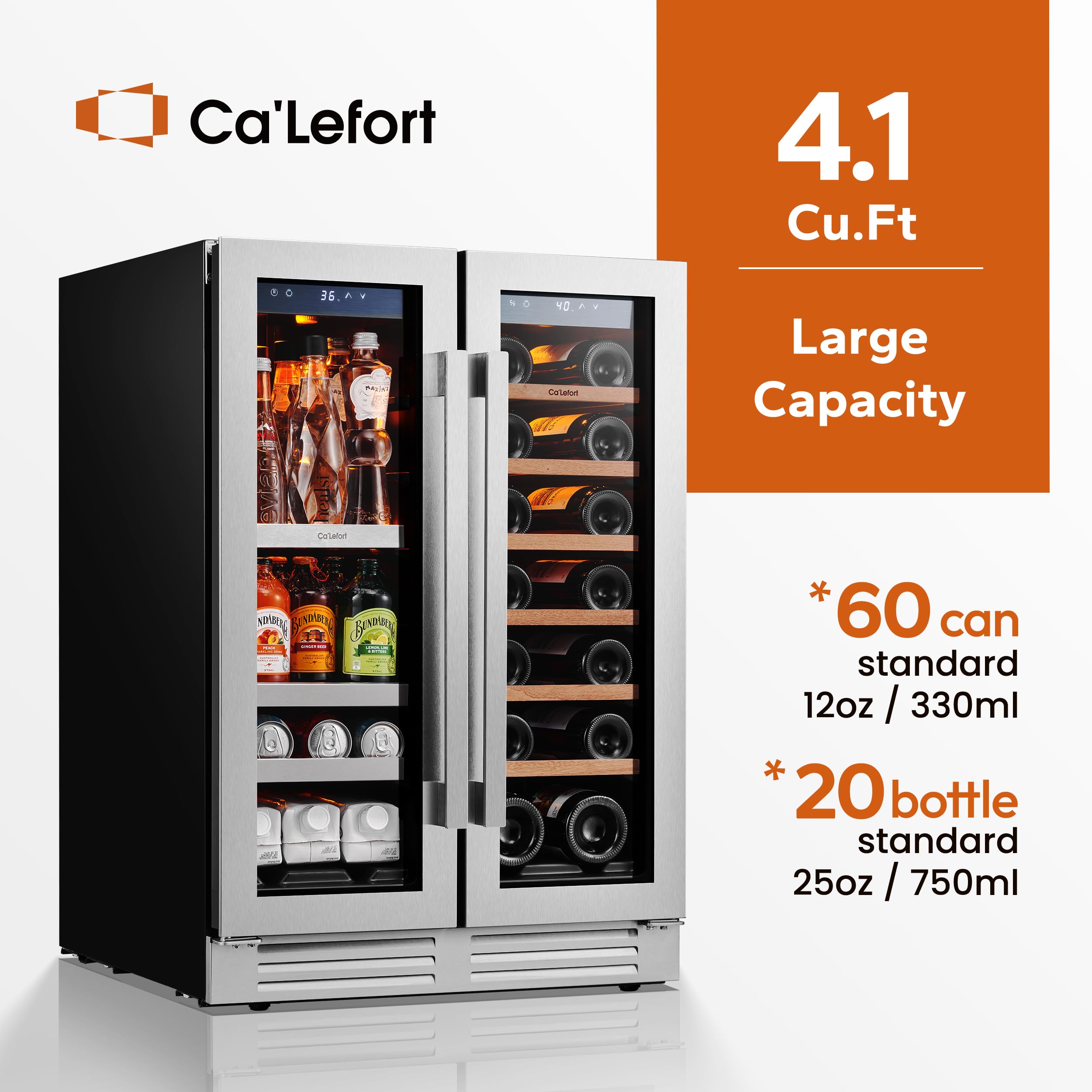 Ca'Lefort 24 Inch Wine and Beverage Refrigerator, 60 Can and 20 Bottle Wine Cooler Refrigerator 36-72°F, 3 LED Dual Zone Wine Fridge Glass Door, Built-in or Freestanding for Home/Kitchen (4.10 cu.ft)