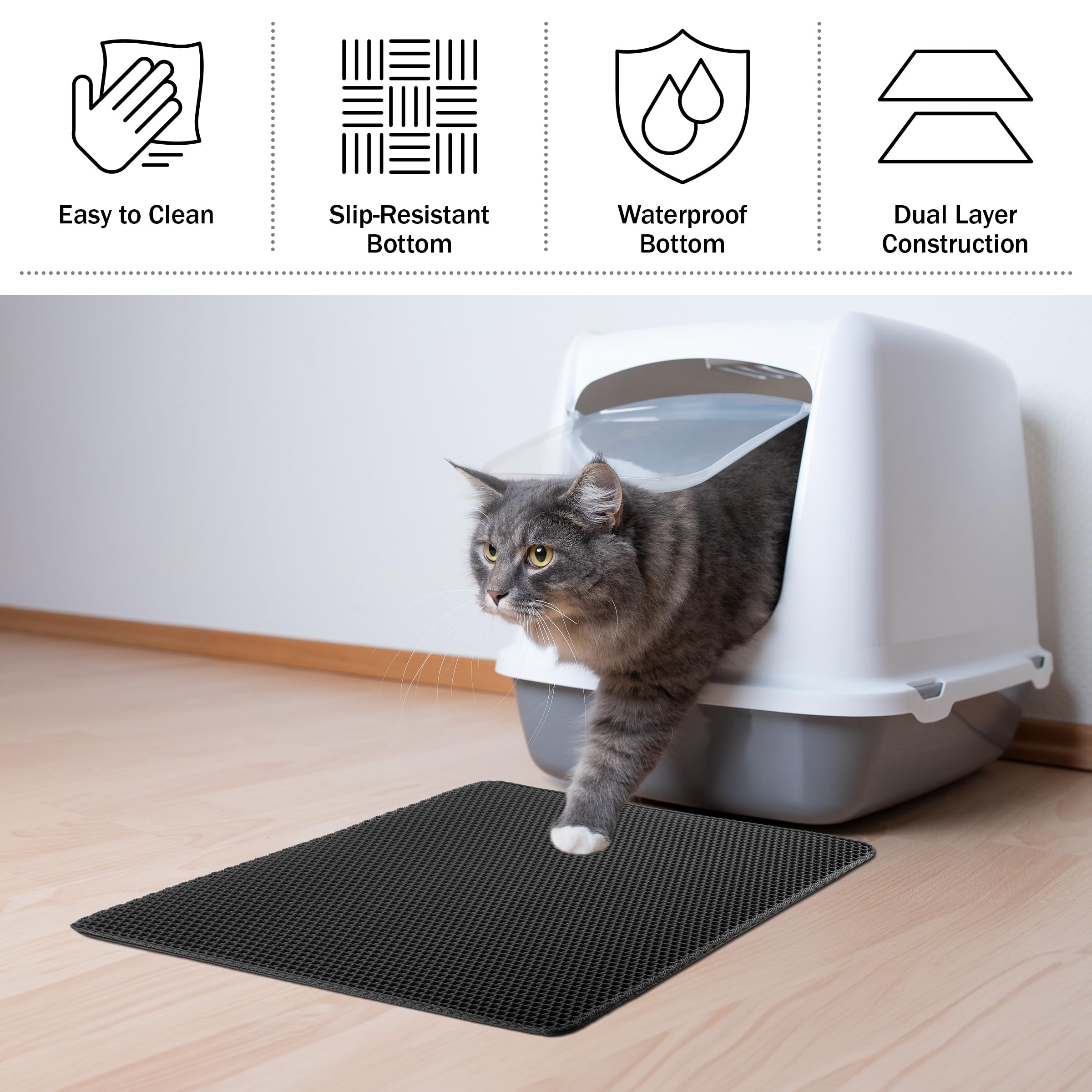 Cat Litter Mat - 24x15 Waterproof Litter Box Mat with Dual-Layer Honeycomb Design for Trapping Litter - Slip-Resistant Cat Mat by PETMAKER (Black)