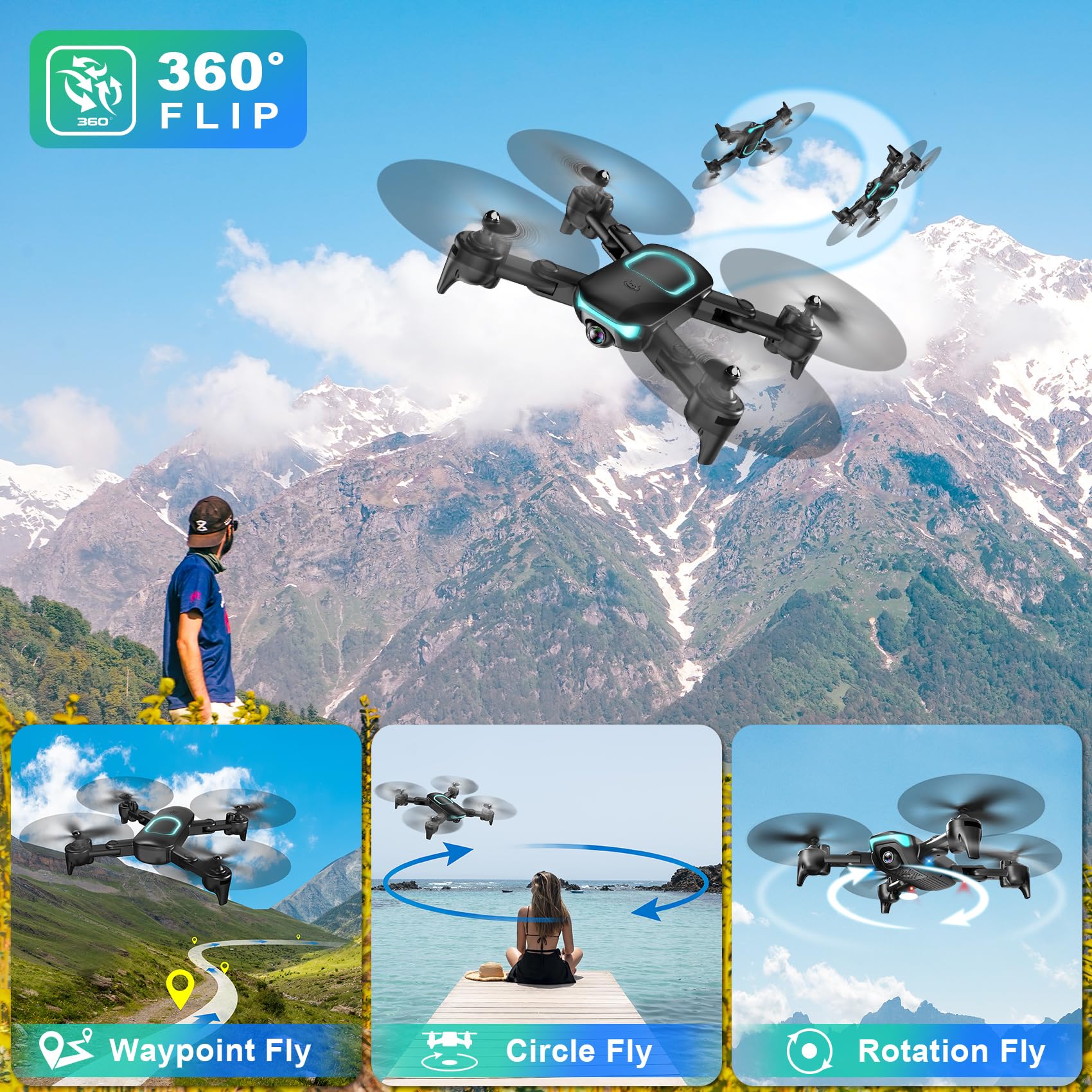 REDRIE Drone with Camera - Foldable Drone for Kids Adults with 1080P FPV Camera, Upgrade Altitude Hold, Gestures Selfie, Waypoint Fly, Headless Mode, 3D Flip, One Key Start, 3 Speed Mode, Circle Fly, 2 Batteries