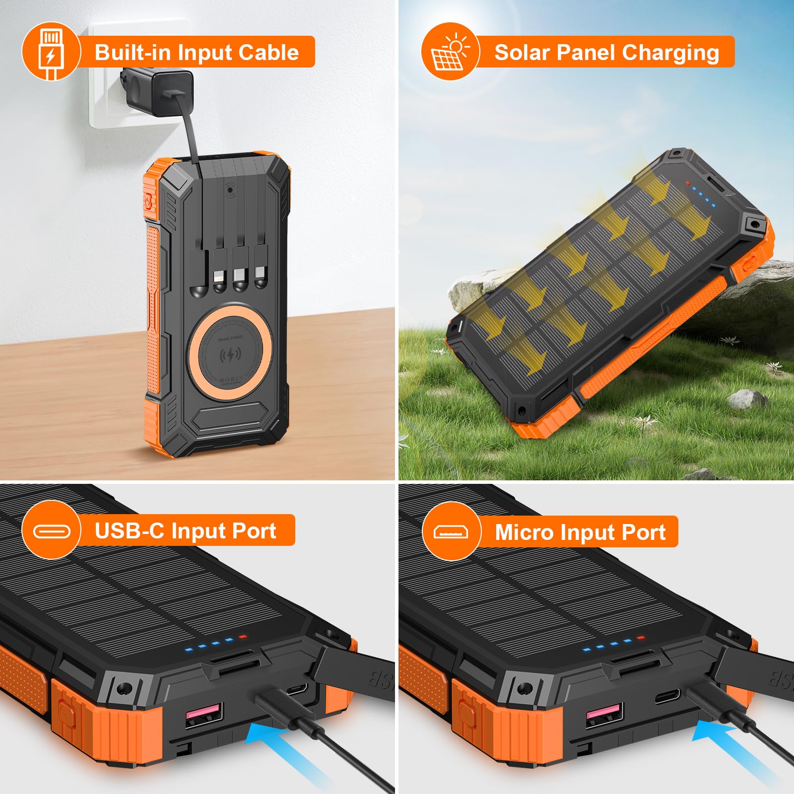 Saraupup 𝟮𝟬𝟮𝟰 𝙐𝙥𝙜𝙧𝙖𝙙𝙚 Solar-Charger-Power-Bank-49800mAh Wireless Portable Phone Charger, 𝗣𝗗𝟭𝟴𝗪 𝐐𝐂𝟑.𝟎 Fast Charging Built in 4 Cables with USB C 6 Outputs & 2 Inputs for Cell Phone