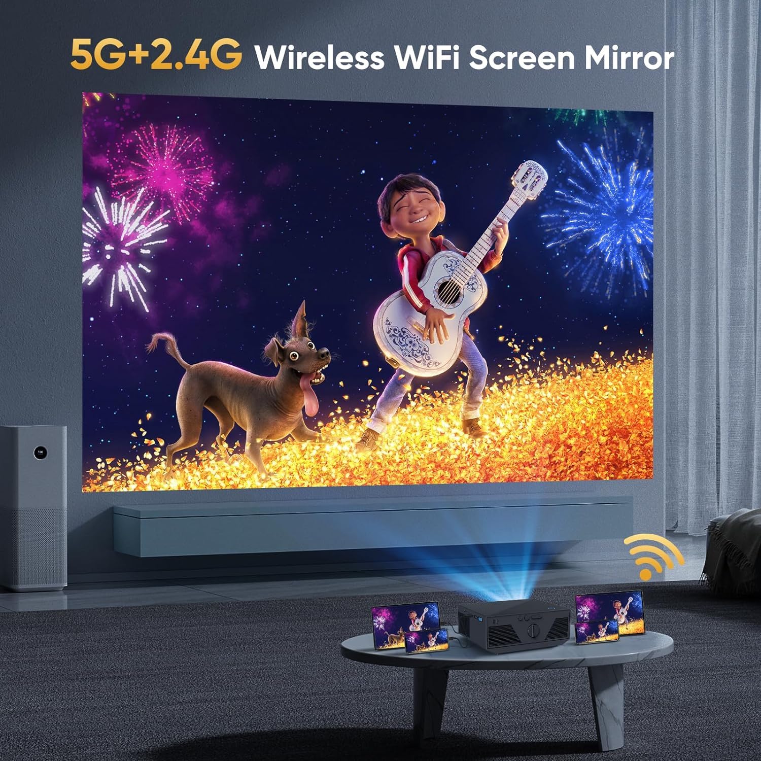 Projector with WIFI and Bluetooth, 15000L Portable Outdoor Movie Projector Compatible with Android/iOS/Windows/TV Stick/HDMI/USB