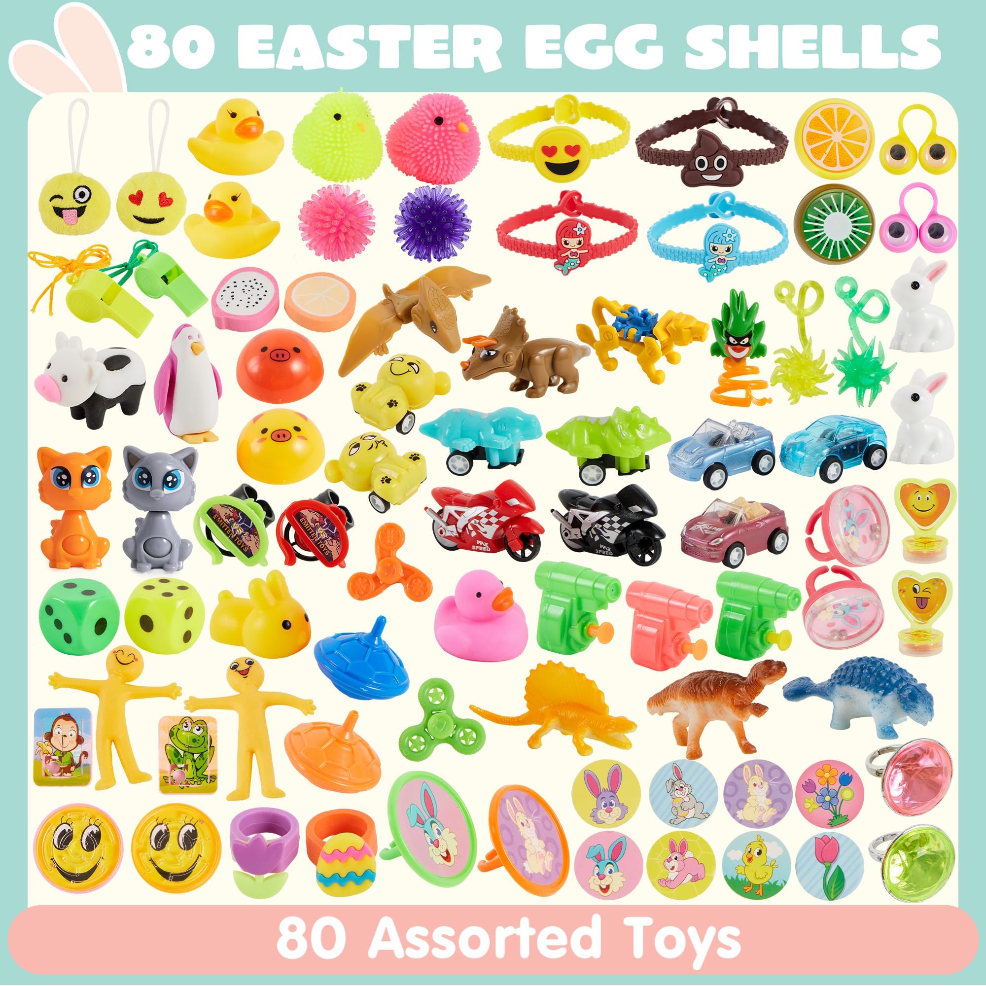 JOYIN 80 Packs Prefilled Easter Eggs with Toys and Stickers, Toys Fillers for Easter Egg Hunt, Basket Stuffers, Party Favors, Classroom Events