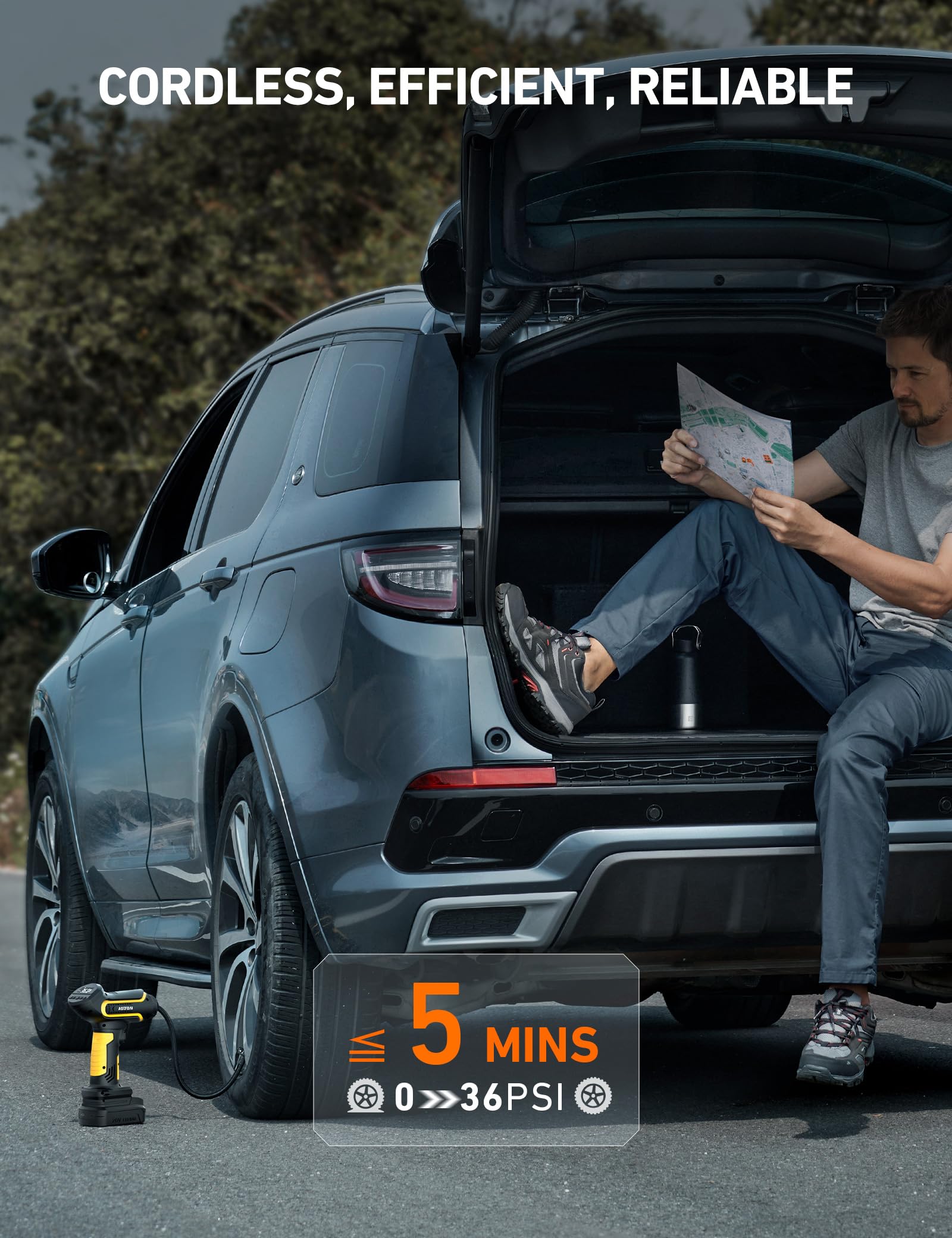 AstroAI Tire Inflator Air Compressor Cordless Car Tire Pump with 20V Rechargeable Li-ion Battery 150 PSI Portable Handheld Air Pump with 12 V Car Power Adapter for Cars Motorcycles LS40791（C1） Yellow