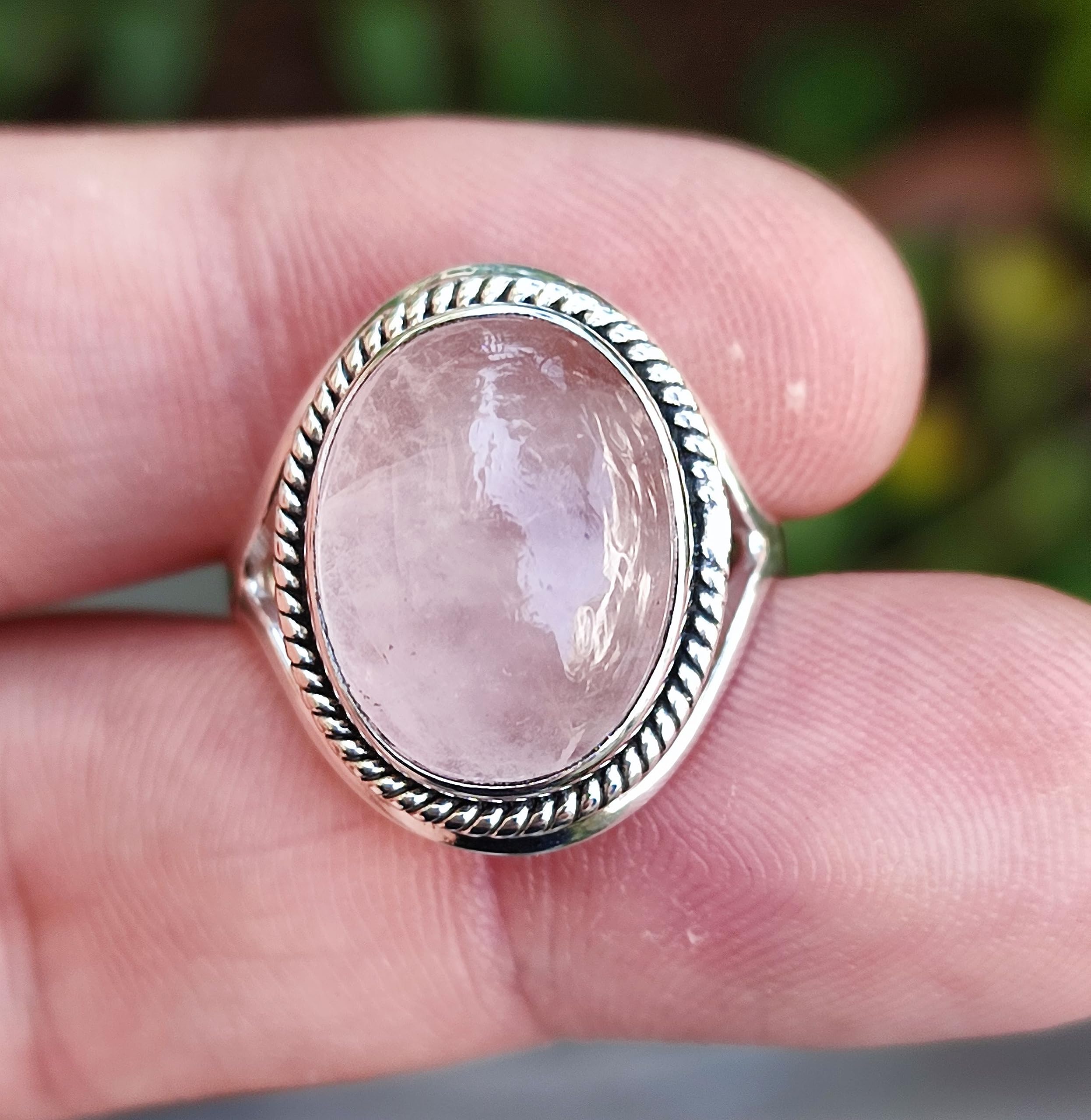 Navya Craft Rose Quartz Ring, 925 Sterling Silver Handmade Statement Promise Rings for Women, Natural Pink Oval Gemstone Boho Jewelry, January Birthstone, Gift for Her Birthday Anniversary (7.5)