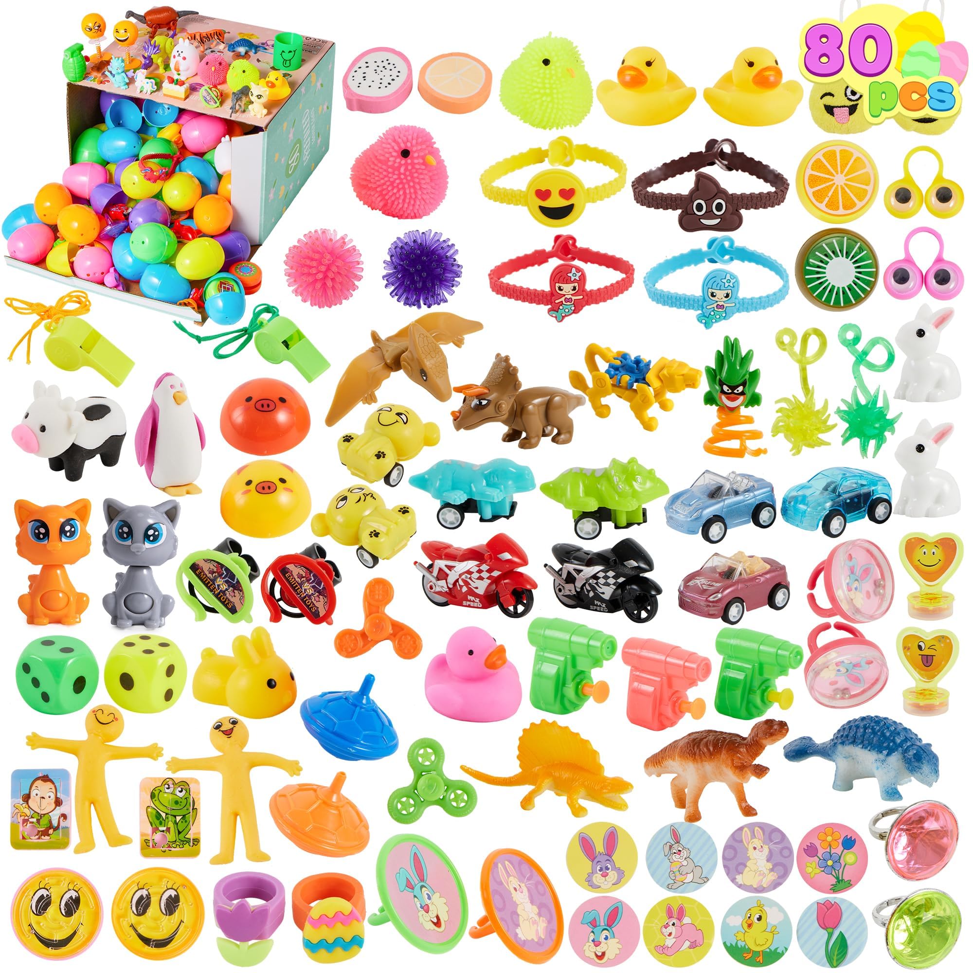 JOYIN 80 Packs Prefilled Easter Eggs with Toys and Stickers, Toys Fillers for Easter Egg Hunt, Basket Stuffers, Party Favors, Classroom Events