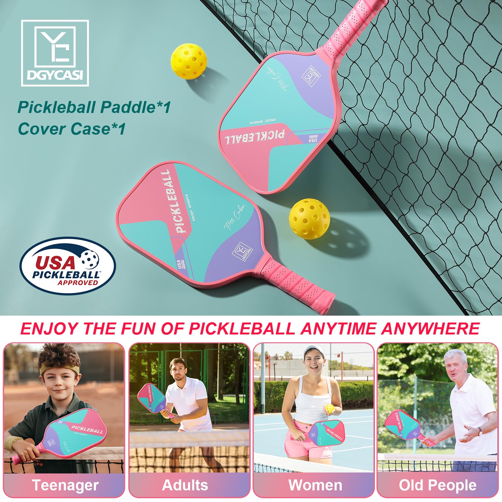 YC DGYCASI 16mm Pickleball Paddles Professional, USAPA Approved, T700 Carbon Fiber Pickleball Paddle Thermoformed, High Grit & Spin, 5.5” Elongated Handle, Handle Girth 4.25”, 8.3oz, with Cover Case