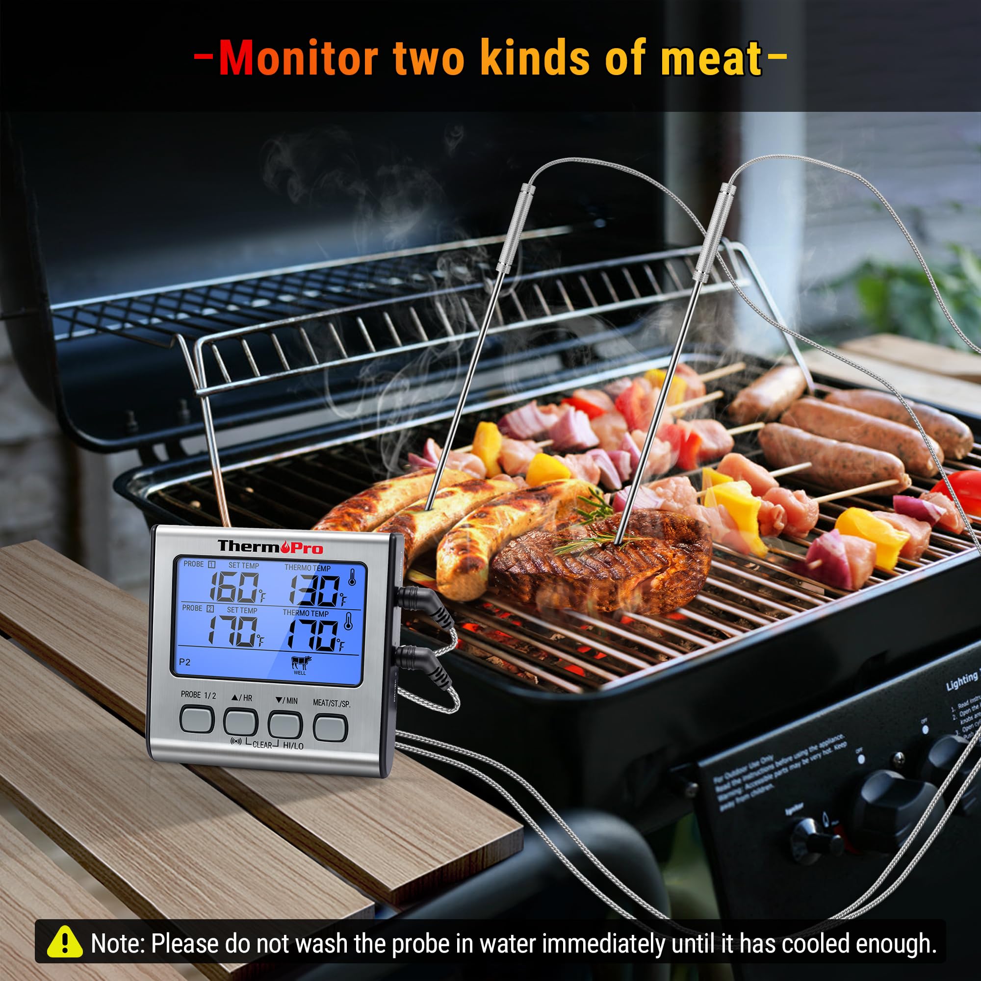 ThermoPro TP17 Dual Probe Digital Cooking Meat Thermometer Large LCD Backlight Food Grill Thermometer with Timer Mode for Smoker Kitchen Oven BBQ, Silver