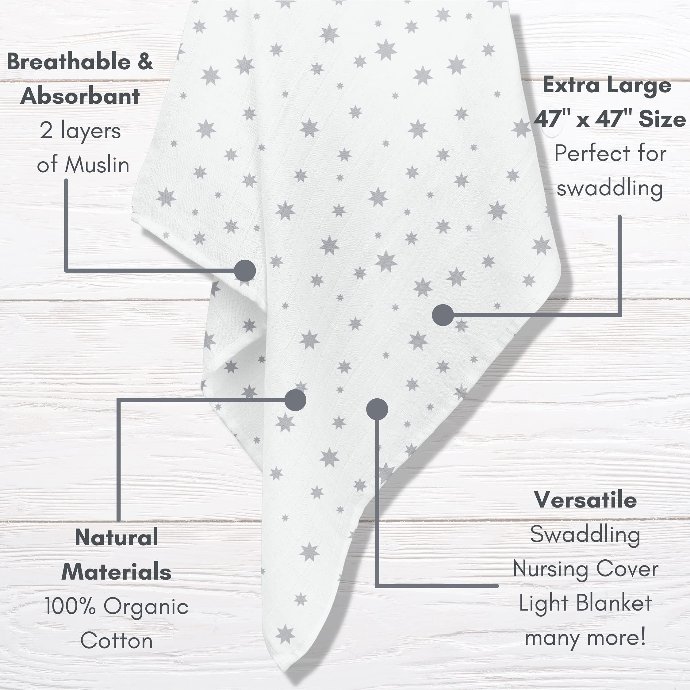 MOZAH Organic Muslin Swaddle Blankets - 100% Soft Organic Cotton - Baby Girl Blanket and Baby Boy Blanket - Ideal Baby Registry Items Unisex Essentials - Baby Swaddles (Grey & Stars)