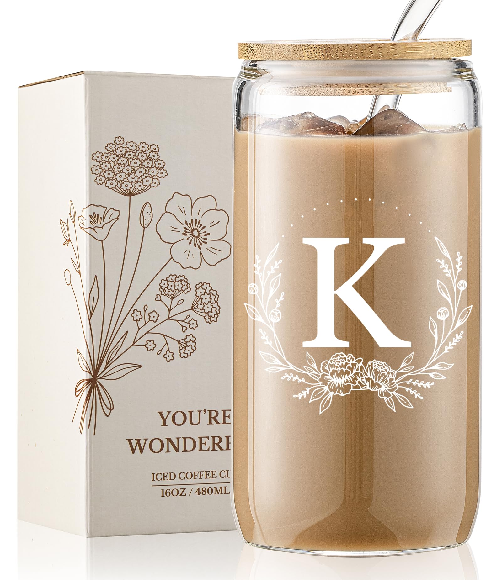 Personalized Gifts for Women, Monogrammed 16oz Glass Cups with Bamboo Lids and Straws, Customized Glass Tumbler, Cute Custom Mug, Customizable Initial Iced Coffee Glasses, Birthday Bridesmaid Mom, K