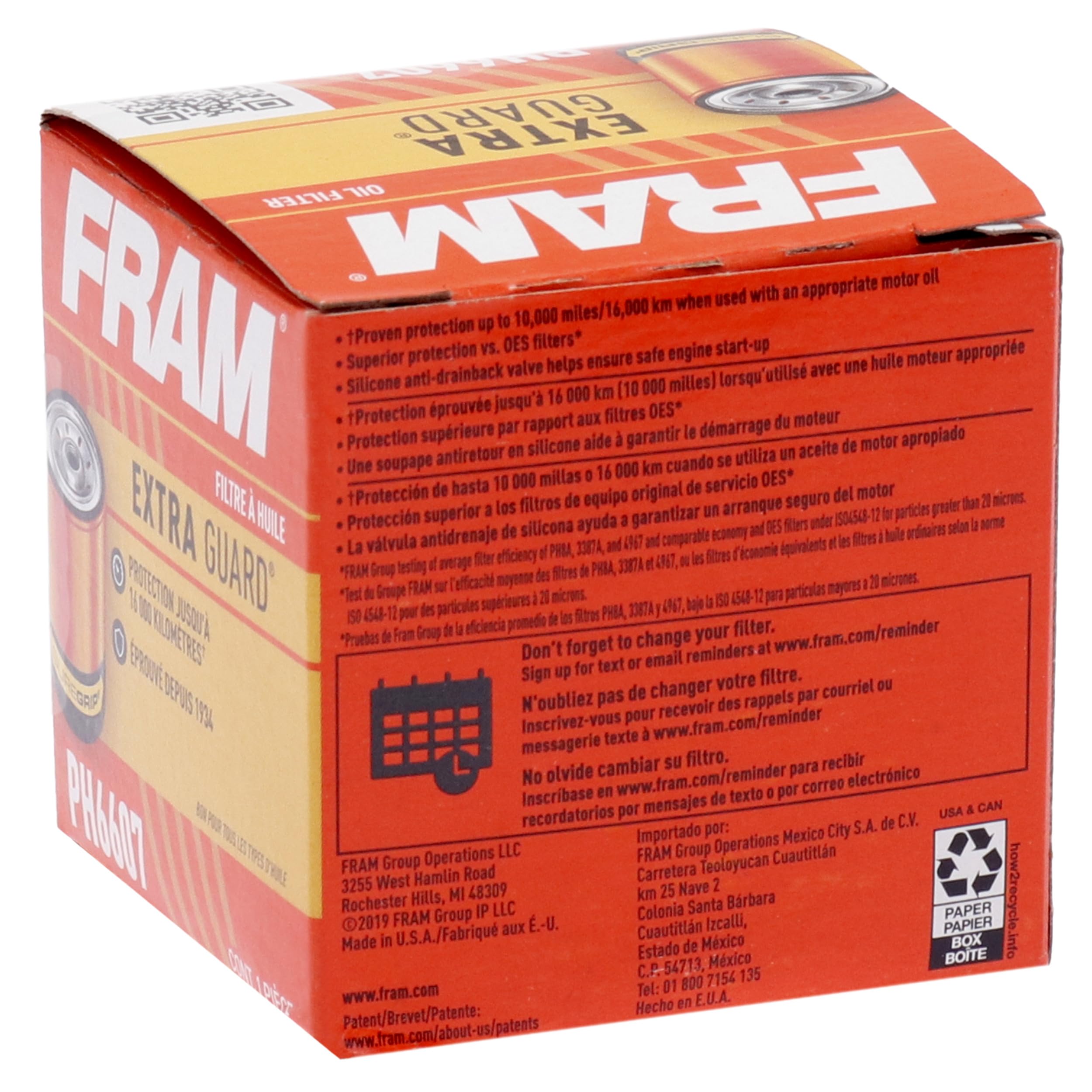 FRAM Extra Guard PH6607, 10K Mile Change Interval Spin-On Oil Filter, black