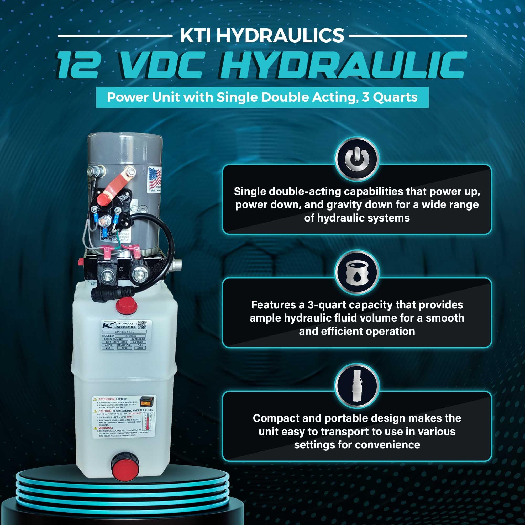 KTI Hydraulics 12V Dump Trailer Hydraulic Pump Power Unit w/ Single Double Acting, 3 Quart