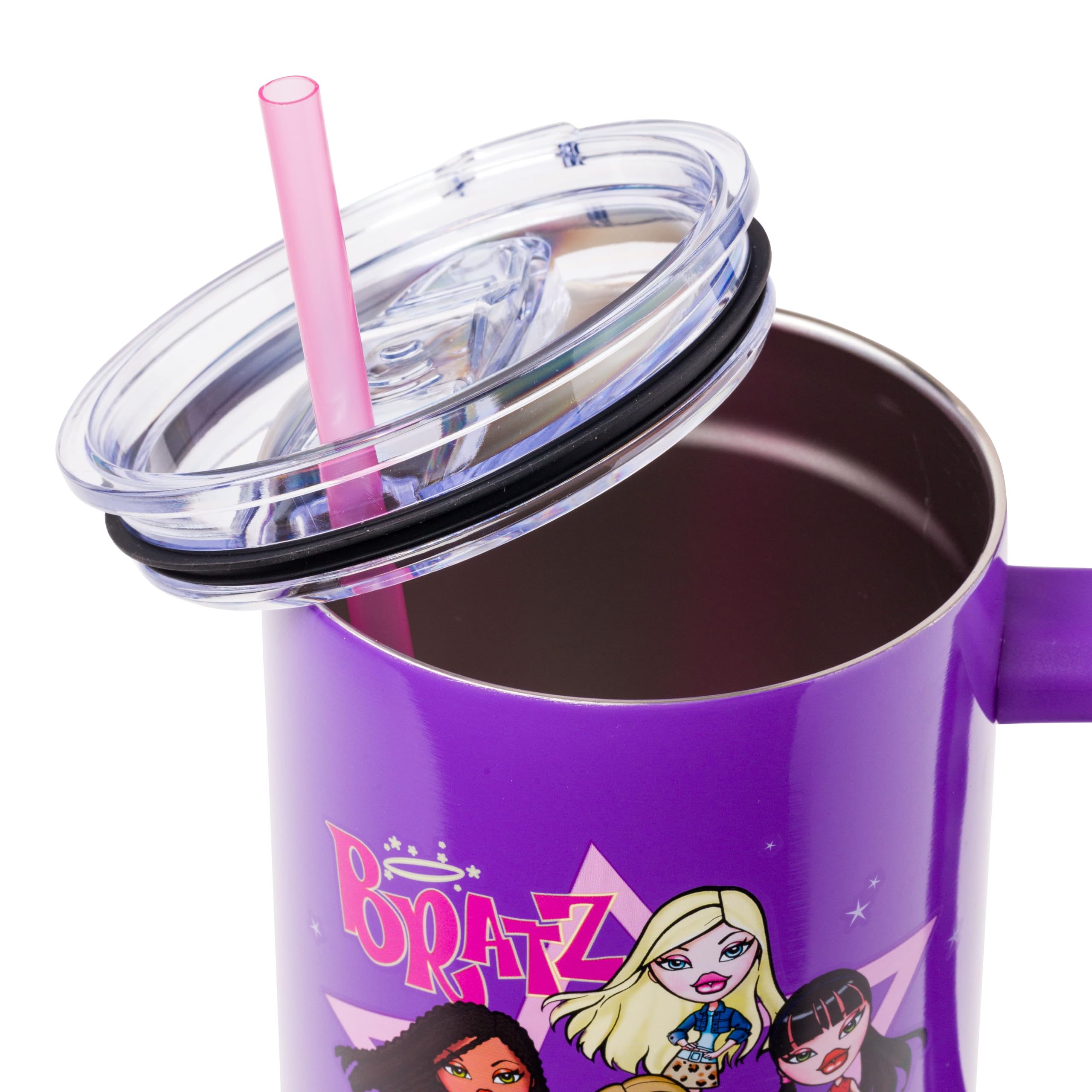 Silver Buffalo Bratz Featuring Cloe, Yasmin, Jade, and Sasha Stainless Steel Tumbler with Handle and Straw, Fits in Standard Cup Holder, 40 Ounces