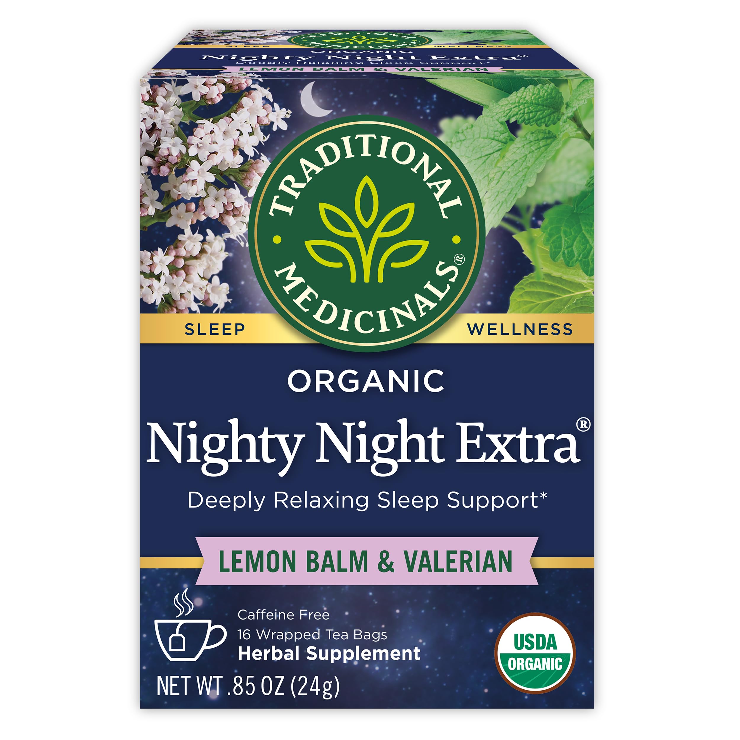 Traditional Medicinals Organic Nighty Night Extra Tea With Valerian Root for Relaxation, 16 Tea Bags (Pack of 1)