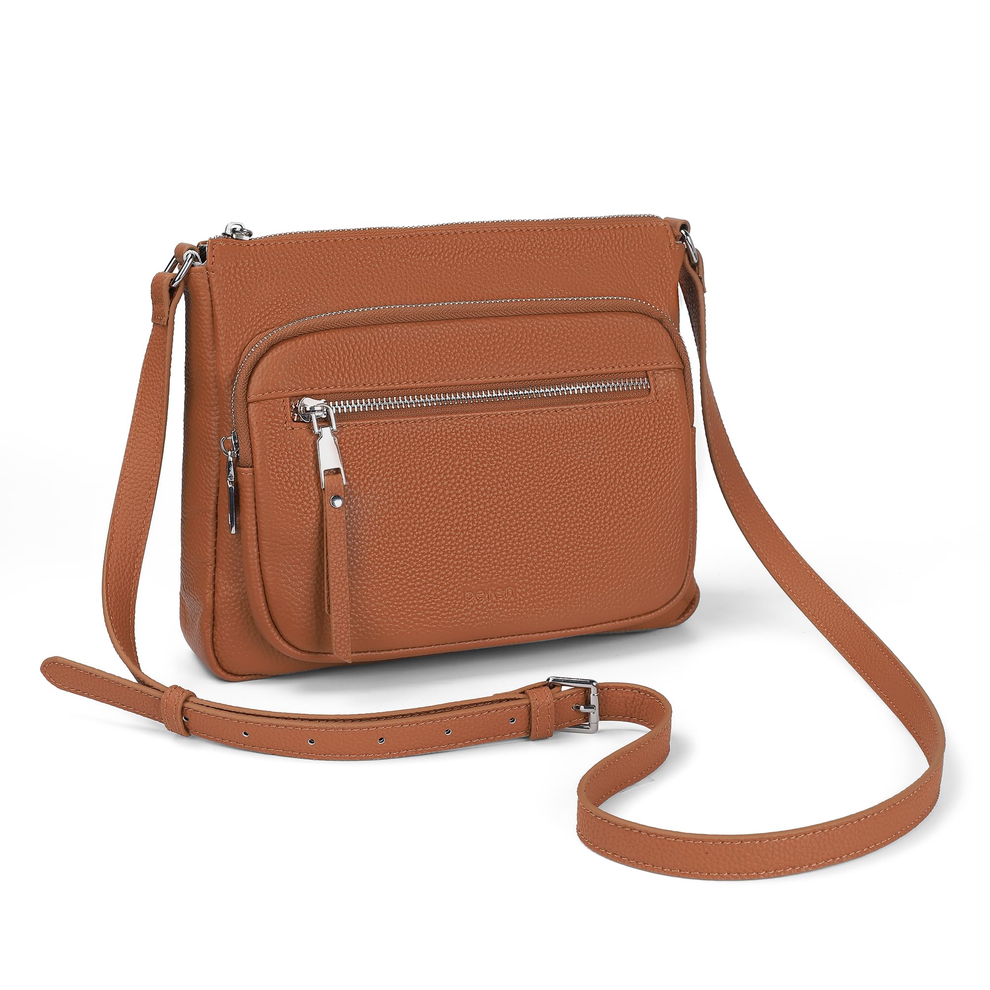 befen Genuine Leather Crossbody Bags for Women, RFID Blocking Leather Purse with Built in Wallet, Womens Handbag Shoulder Bag with Multi Zipper Pockets, Brown