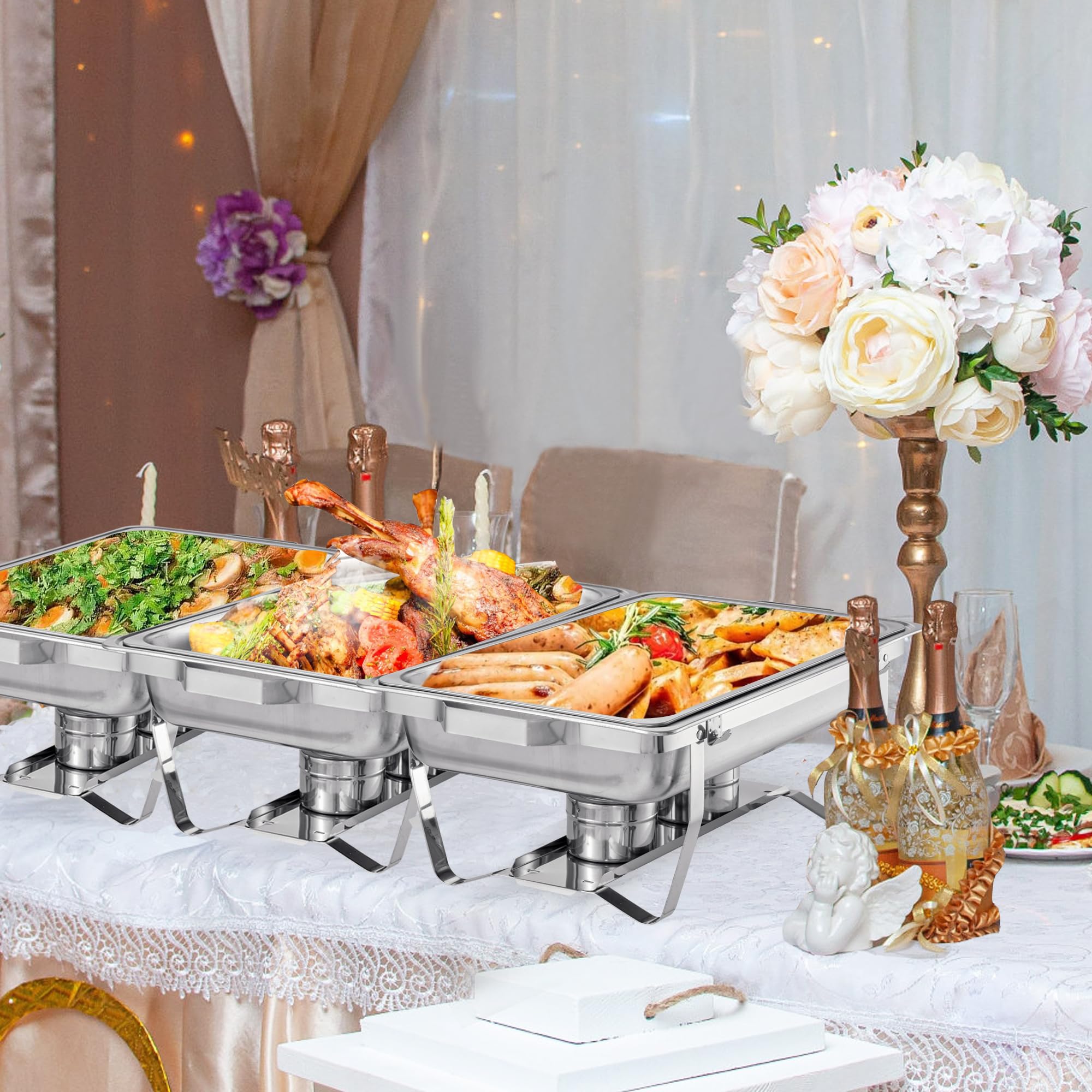 MRIISEL Chafing Dish Buffet Set - 4 Pack, 8 Quart Stainless Steel Chafer Buffet Servers and Warmers Set with Folding Frame for Weddings, Parties, Banquets, and Catering Eventst