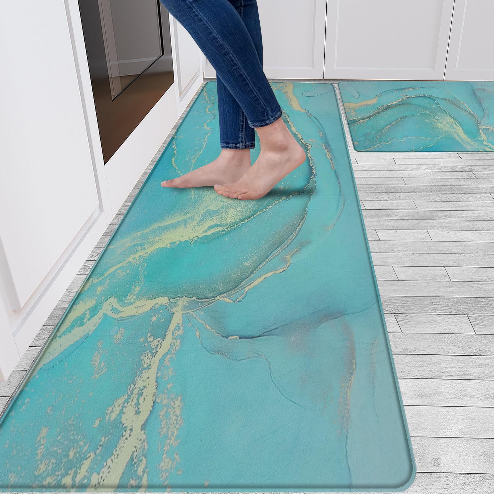 Sofort Anti Fatigue Kitchen Mats for Floor 2 Piece Set, Cushioned Memory Foam Kitchen Rug, Non Slip Waterproof Teal Marble Kitchen Mat, Comfort Standing Mats for Kitchen, Laundry, Office, Sink