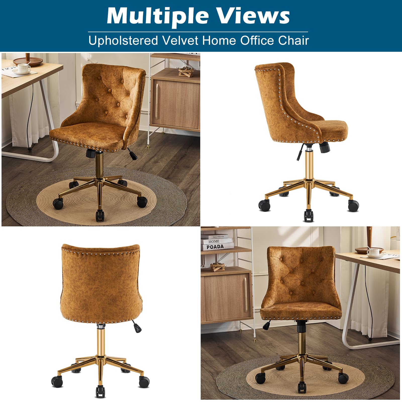 VINGLI Mustard Velvet Armless Home Office Desk Chair with Gold Base/Wheels, Small Cute Vanity/Makeup Chair with Back for Bedroom, Upholstered Adjustable Rolling Swivel Nail Chair for Women/Girls