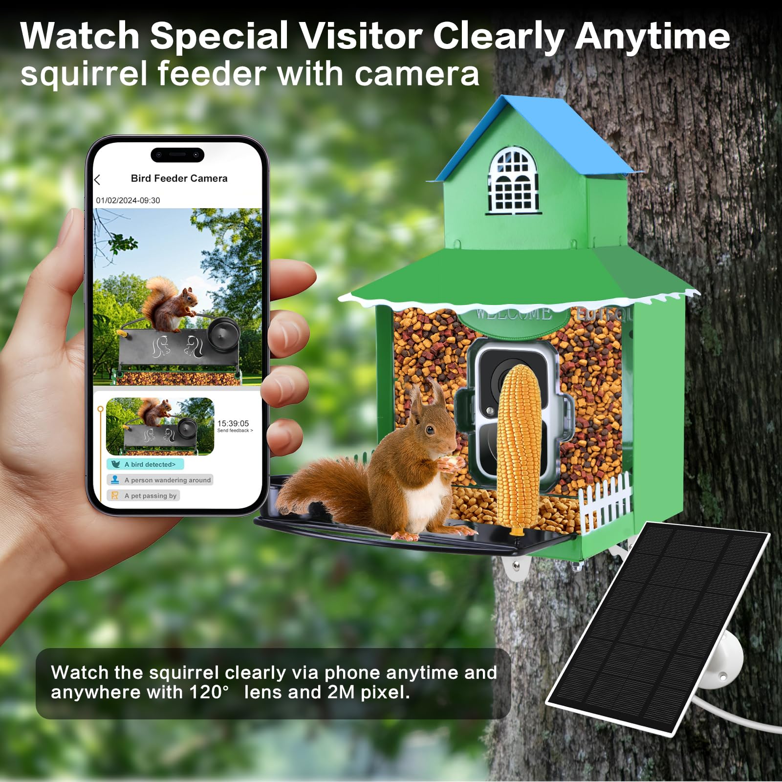 Squirrel Feeder with Camera Solar Powered,Metal Smart Squirrel Feeder Camera with Corn Cob Holder,Squirrel Houses for Outside,2K HD Live View,Ideal for Squirrel Lover
