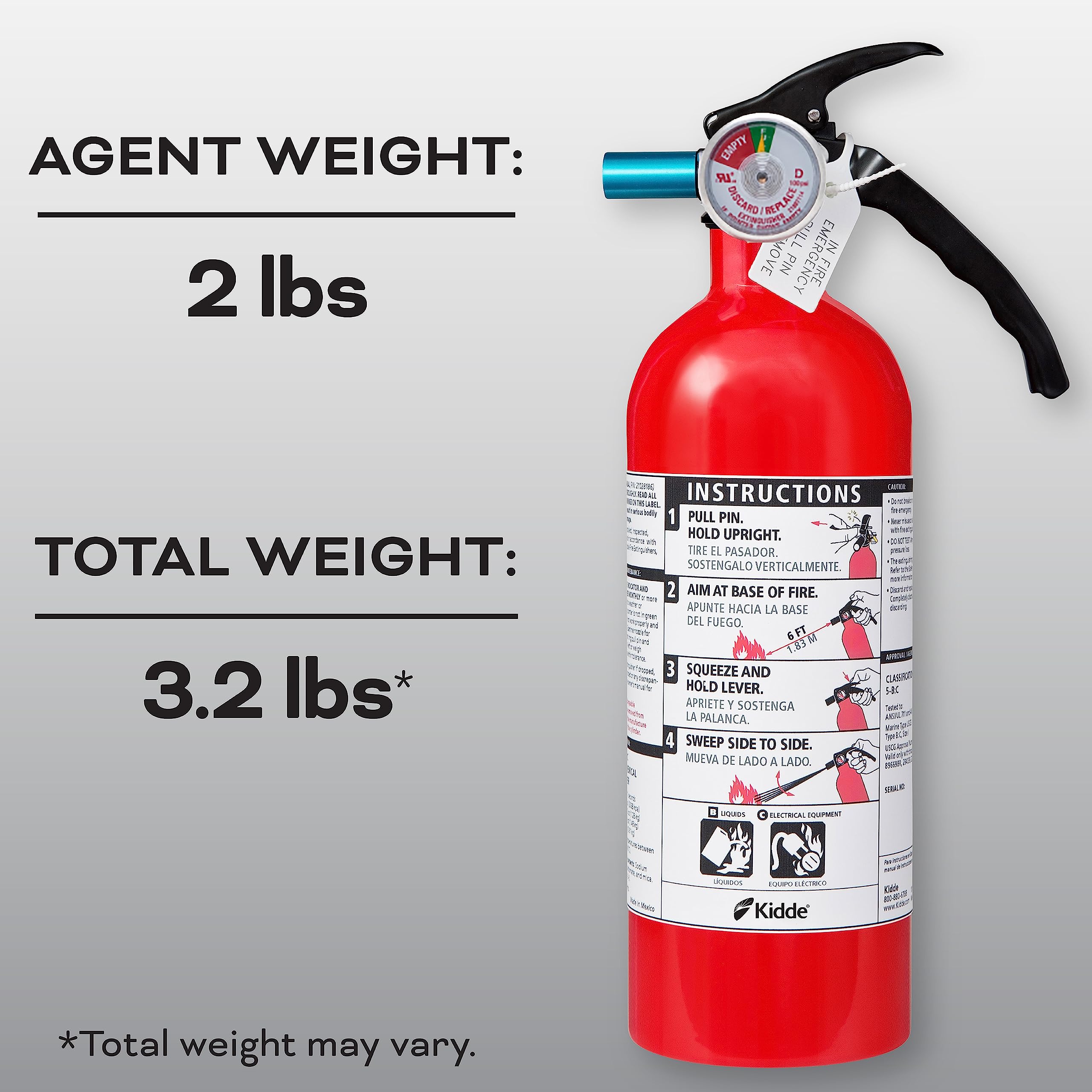 Kidde Fire Extinguisher for Home & Office Use, 5-B:C, 3.2 Lbs., USCG Approved with Strap Bracket (Included)