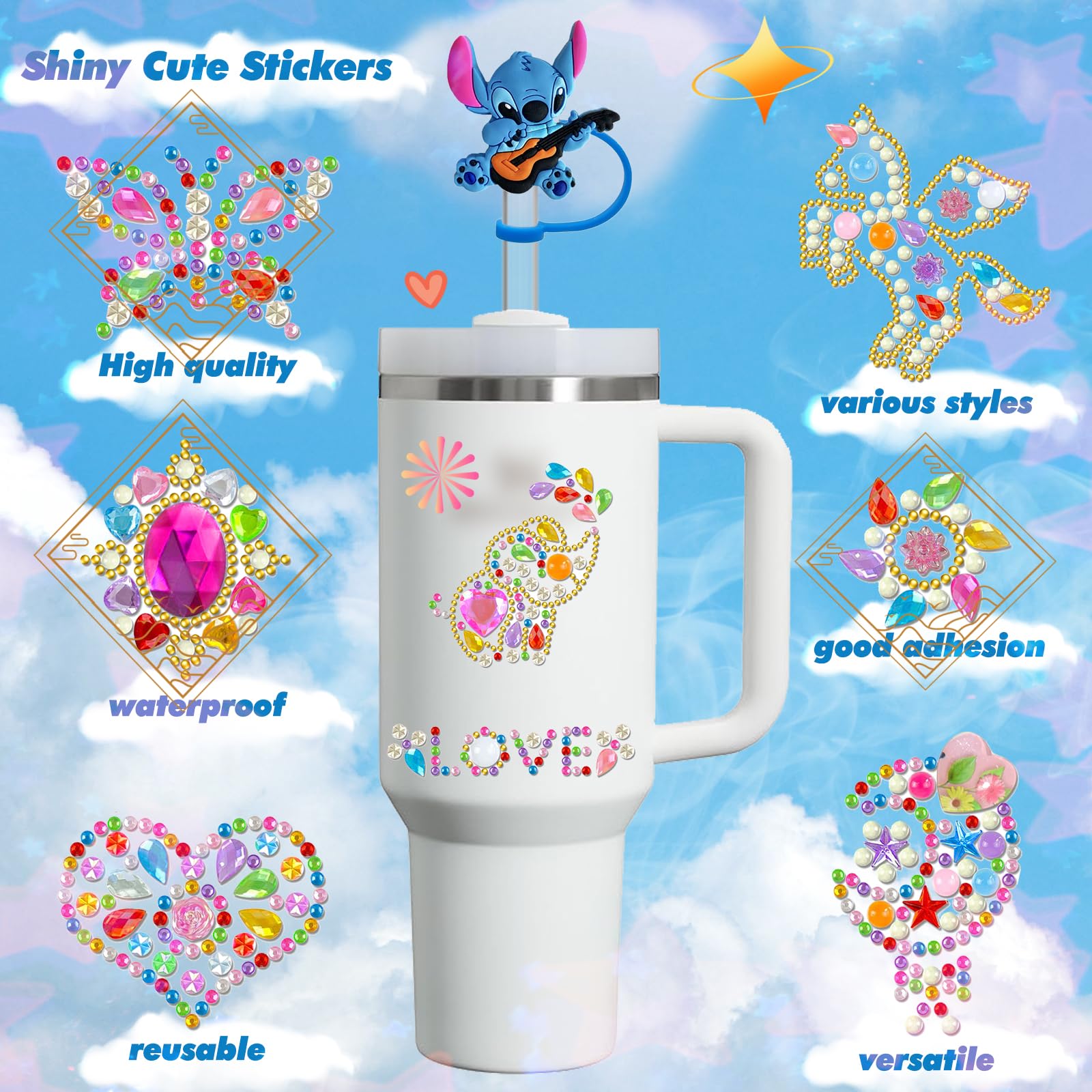 YKIAMGH 210pcs Water Bottle Stickers and 5pcs Stitch Strraw Toppers for Stanley