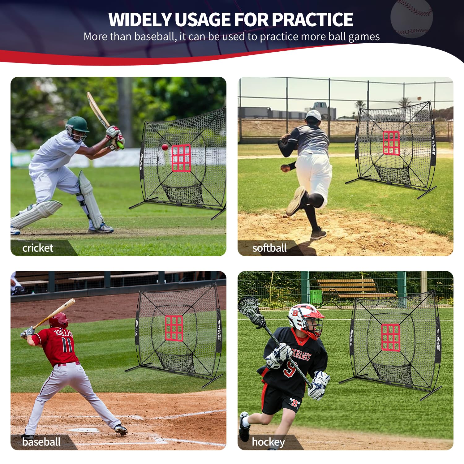 BAGAIL 7x7 ft Baseball & Softball Practice Net with Bow Frame for Batting, Hitting, Pitching, Portable Baseball Throwing Net with 2 Strike Zone Batting Tee, Carry Bag, Great for All Levels