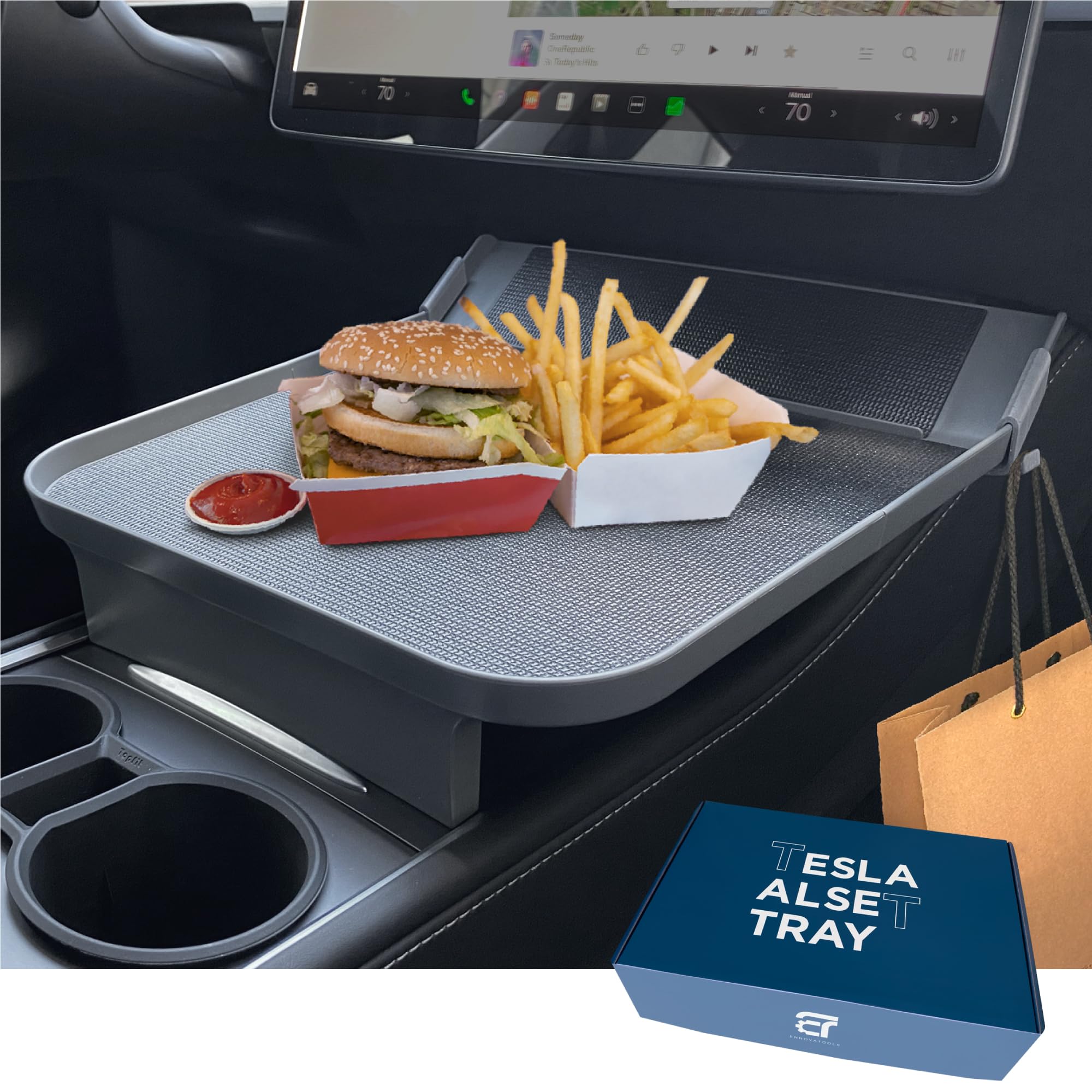 Ennovatools Tesla Model Y Model 3 Accessories 2020 to 2024, Car Eating Food Table Alset Tray, Center Console Organizer, for Autopilot, Road Trips. Anti-Slip Mat for Stability. (Tray ONLY)