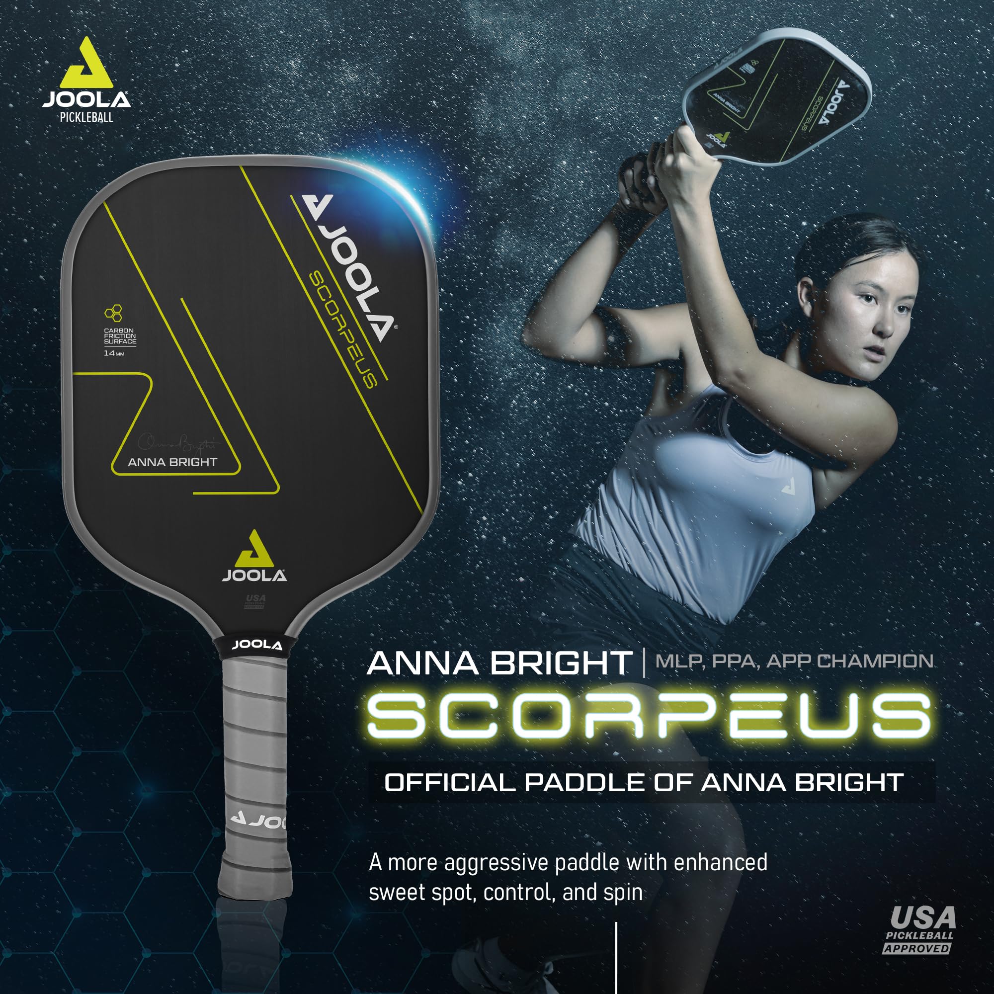 JOOLA Anna Bright Pickleball Paddle - Carbon Fiber, Charged Surface, USAPA Approved, 14mm