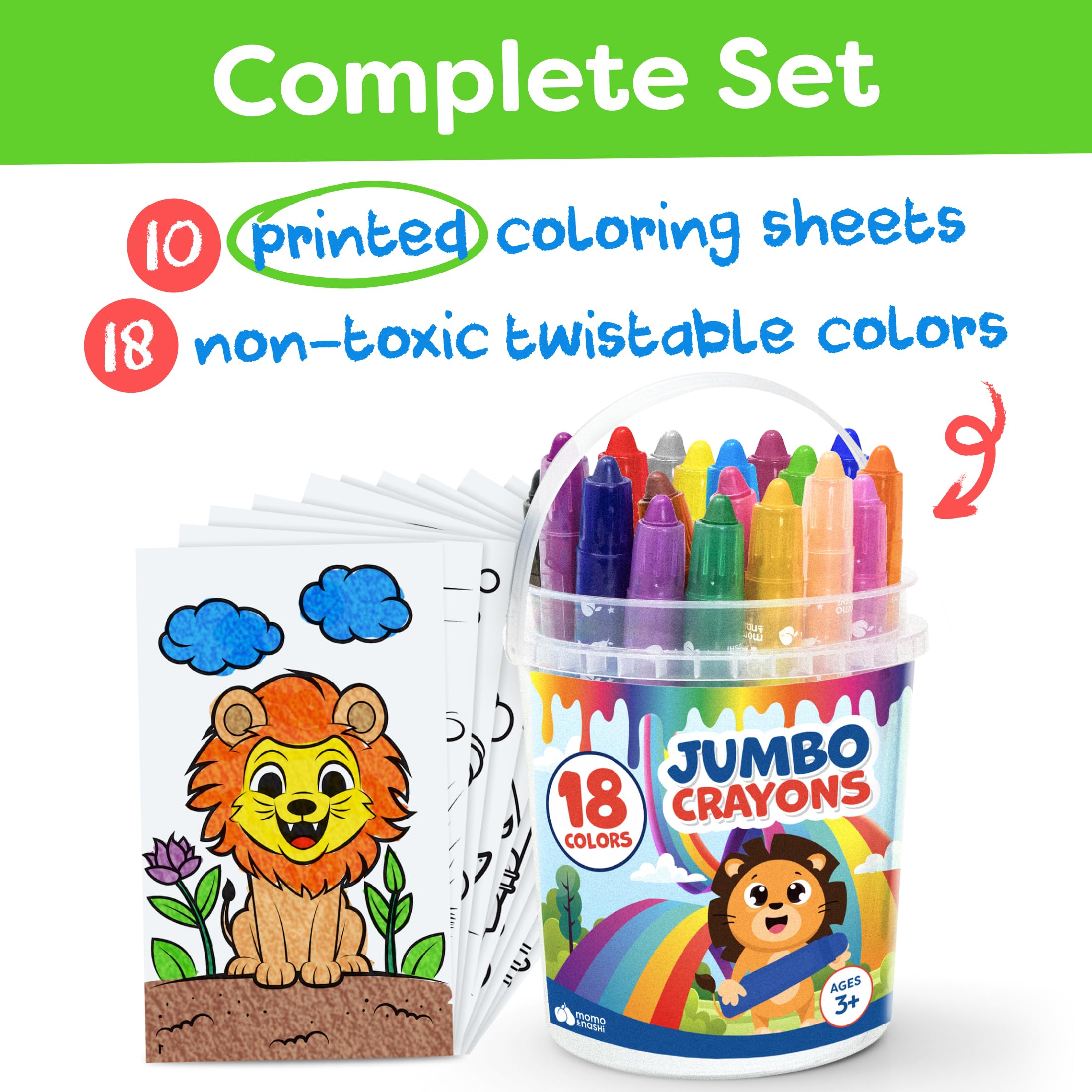 Momo & Nashi Toddler Crayons - 18pc Large Crayons for Toddlers - Big Jumbo Crayons With Printed Color Sheets - Twistable Crayons For Kids Ages 4-8 - Non Toxic Washable Crayons - Toddler Art Supplies