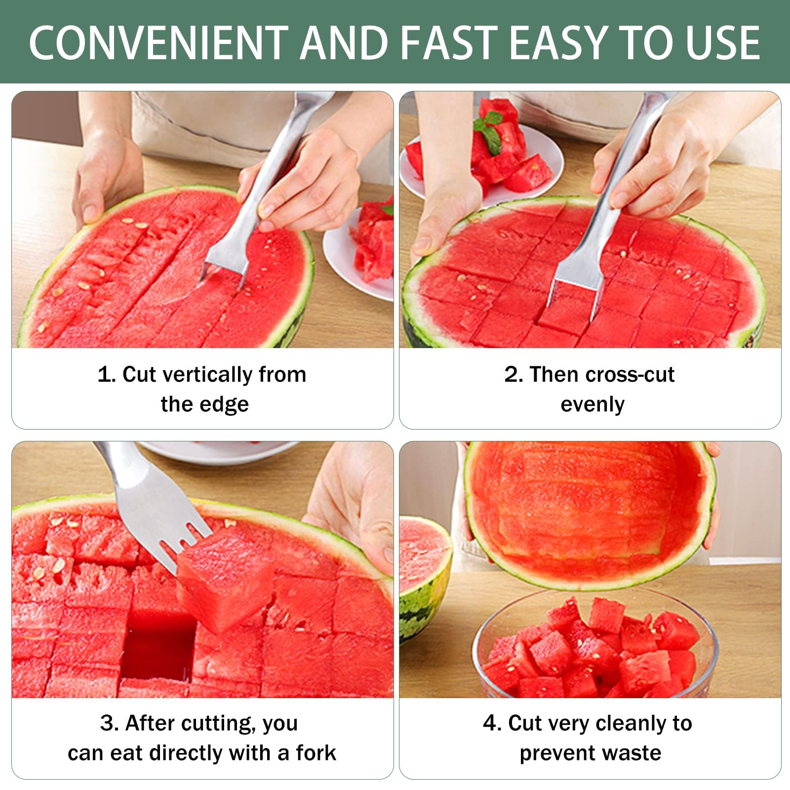 2-in-1 Stainless Steel Fruit Cutter, 2024 New Watermelon Slicer Cutter Summer Watermelon Fruit Cutting Fork, Stainless Steel Fruit Forks Slicer Knife for Home Kitchen Gadget (1)