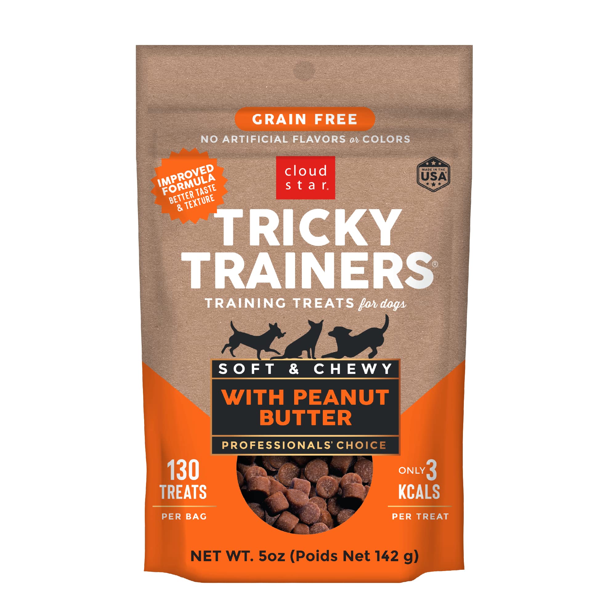 Cloud Star Tricky Trainers Soft & Chewy Dog Training Treats 5 oz Pouch, Peanut Butter Flavor, Grain-Free Low Calorie Behavior Aid with 130 treats