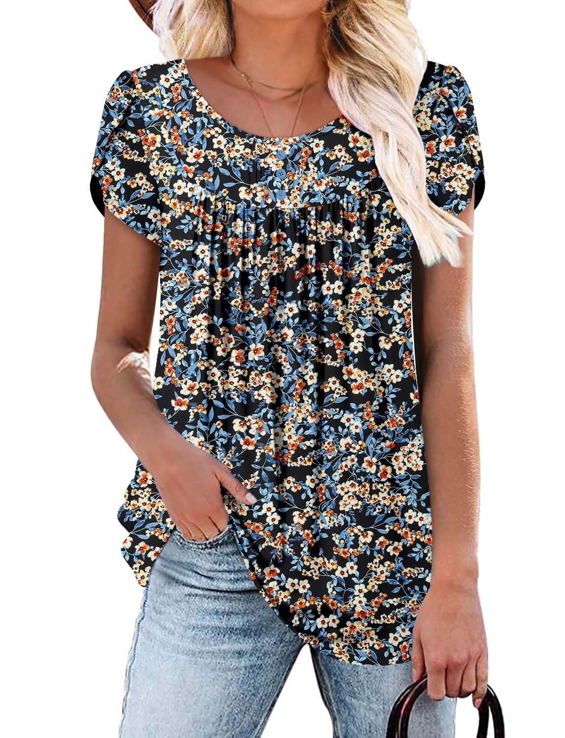 BETTE BOUTIK women's tunics floral crewneck petal short sleeve button down shirts for women loose fit with print BlueFlo Medium