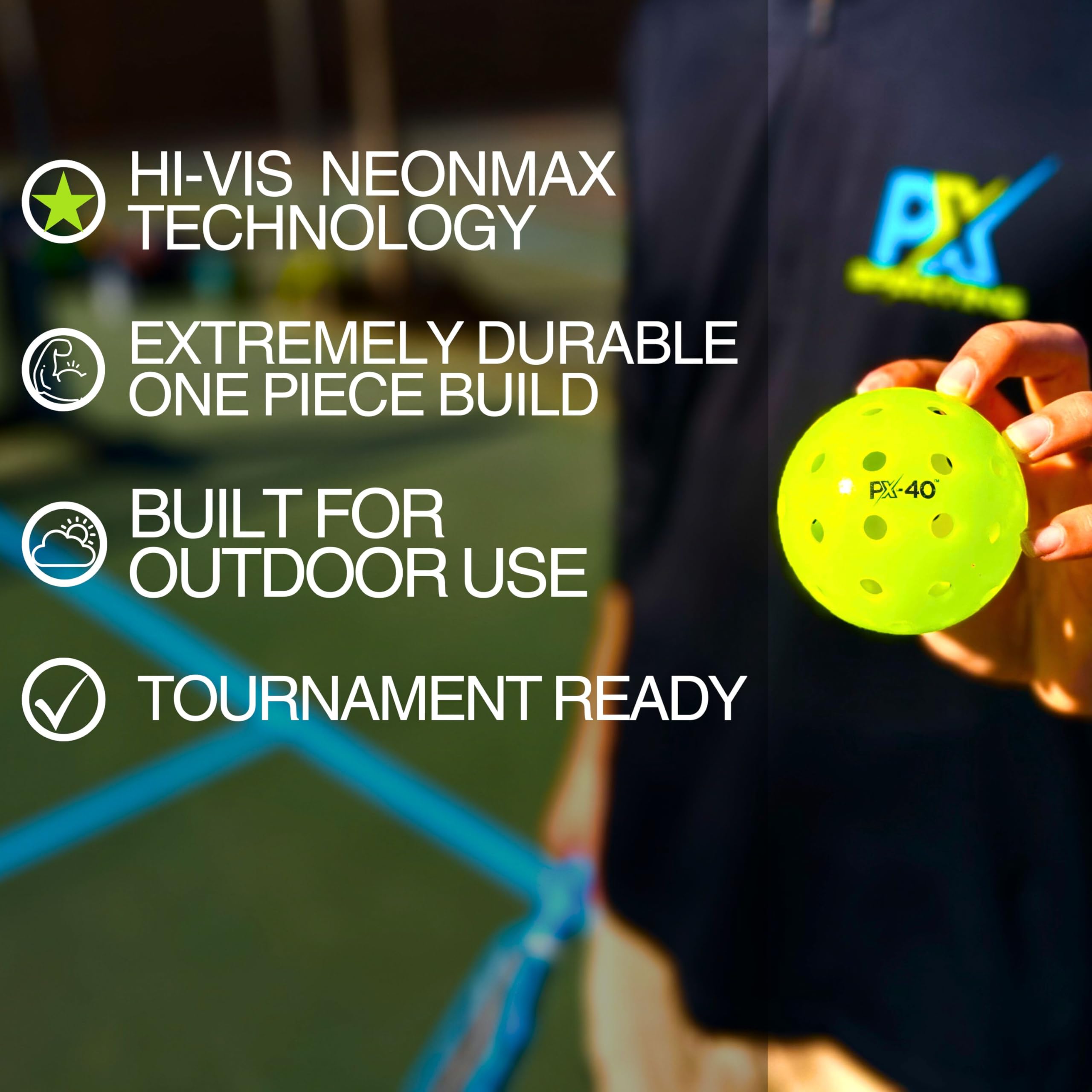 PX-40 Premium Outdoor Pickleball Balls - Crack Resistant One Piece Design - High Visibility Neon Green - Tournament-Approved Professional Pickleballs - 12 Pack