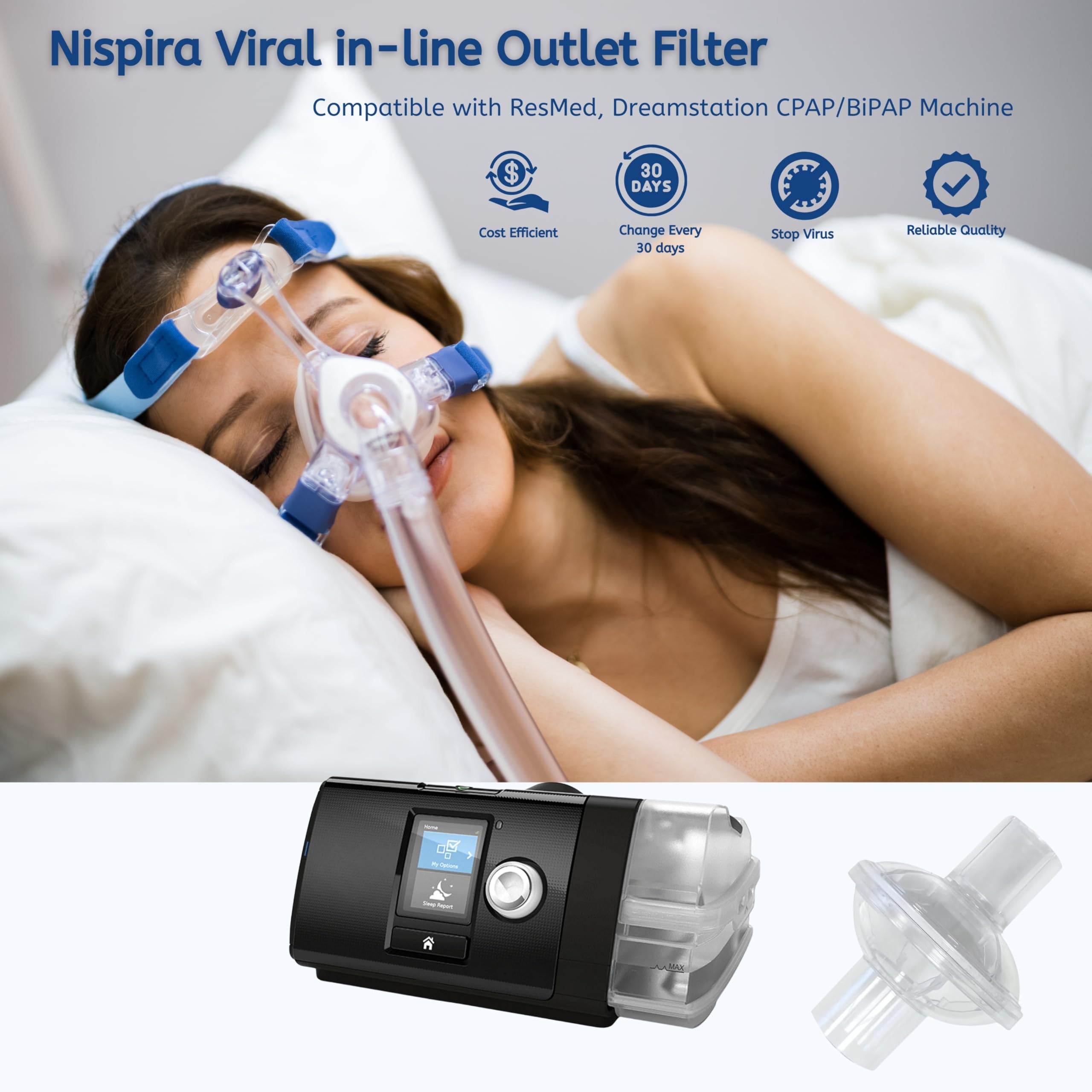 Nispira CPAP Inline Filter Viral for BiPAP CPAP Machines ResMed, Dreamstation Standard Tubing Outlet 22 mm/15 mm Machine Outlet 22mm, 12 Packs