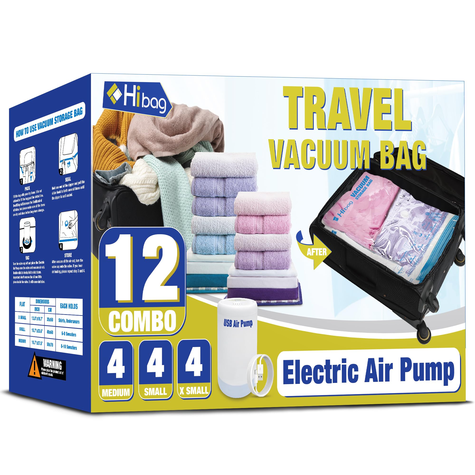 Travel Vacuum Bags with Electric Pump, Vacuum Travel Bags for Luggage and Suitcase, Vacuum Seal Compression Packing Bags for Clothes Clothing, Combo 12 Pack