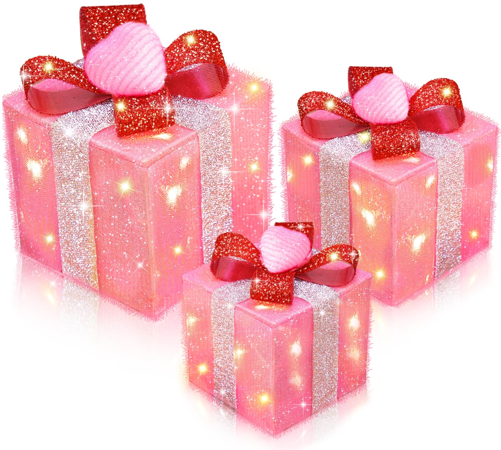 [Timer&8 Mode] 3 Pack Pink Valentines Decorations Christmas Lighted Gift Boxes with Pink Hearts Silver Glitter Fabric 60 LED Battery Operated Present Box Pink Decor for Room, Wedding, Valentines Gifts