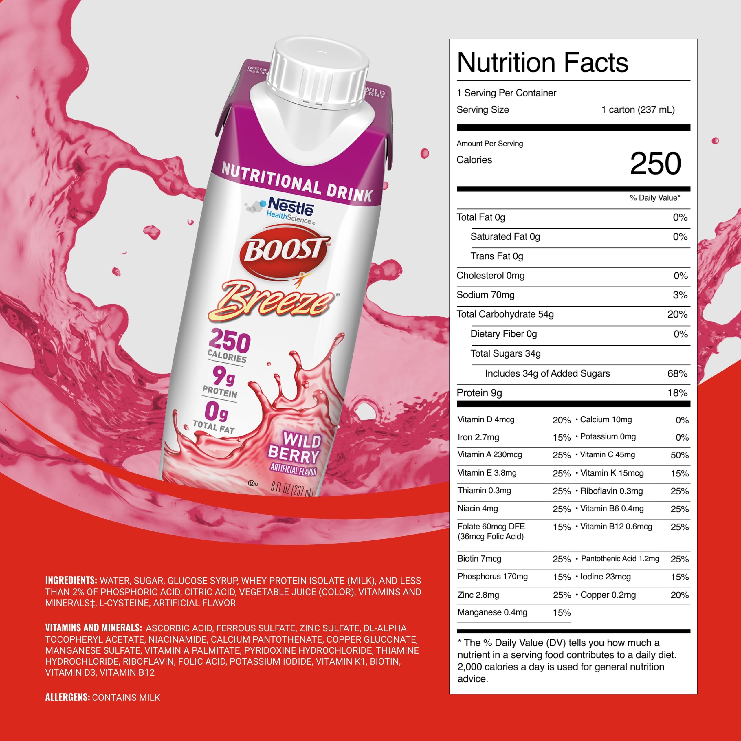 BOOST Breeze Clear Nutritional Drink, 9g Protein, 250 Nutrient-Rich Calories, Wild Berry, 8 fl oz (Pack of 24)