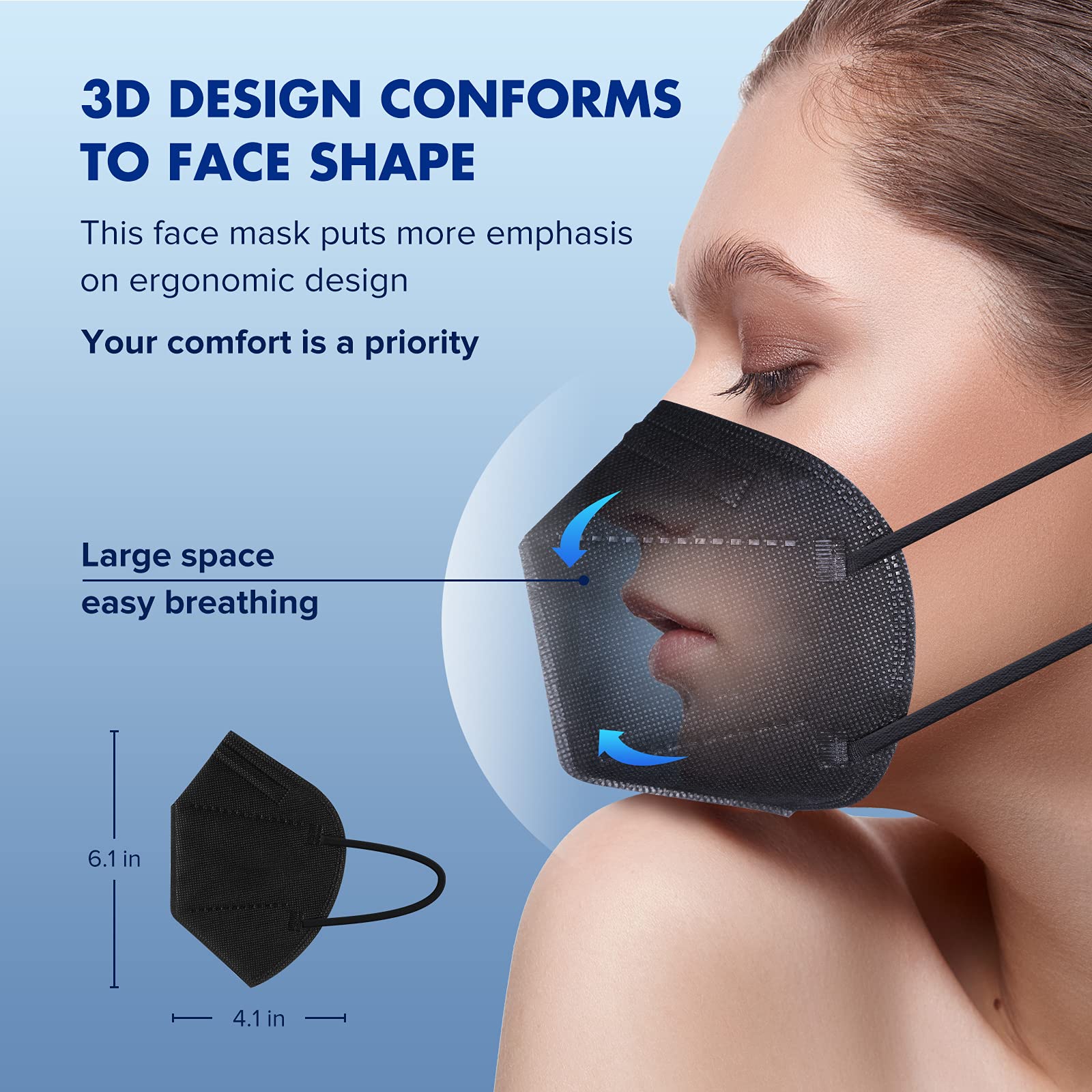 ctc connexions KN95 Black Face Masks 20pcs 5-Layer Cup Dust Masks Filtration Efficiency ≥95% Individually Packaged Breathable Face Mask