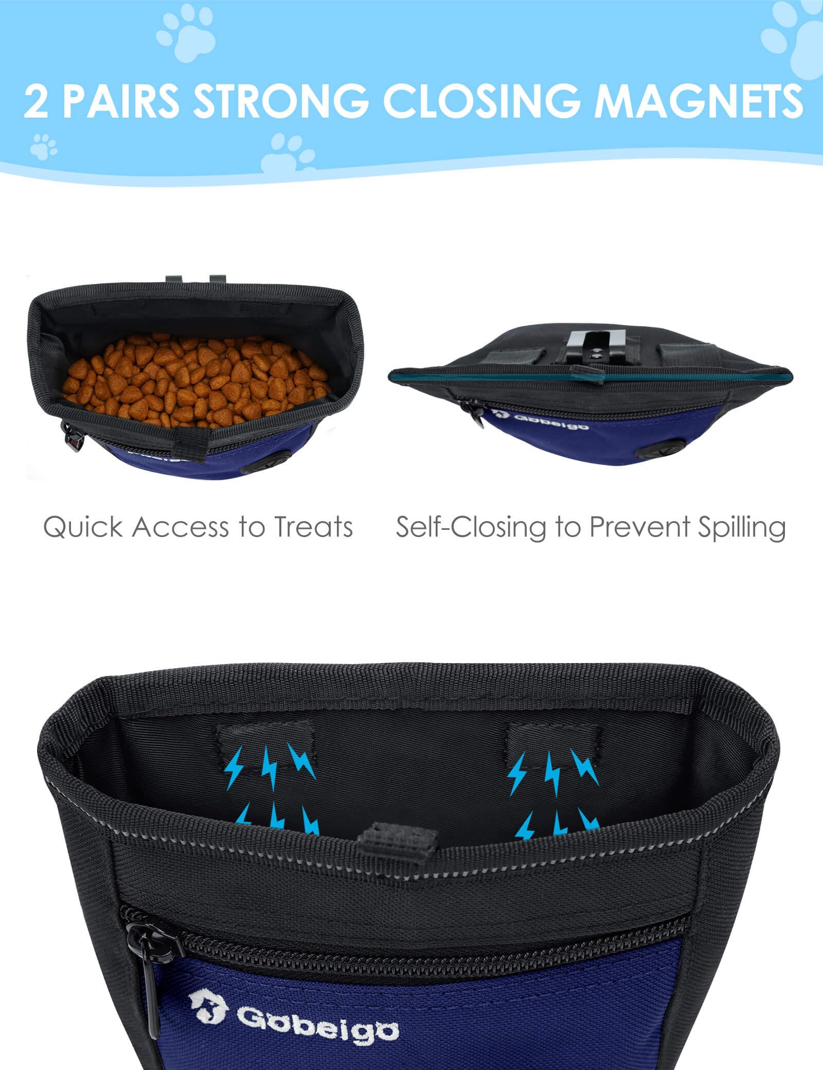 Gobeigo Dog Treat Pouch and Training Clicker, Upgrade Two Magnetic Closure to Prevent Spills, 2 Cup Treat Bag with Poop Bag Dispenser, Metal Clip Waist Belt Fanny Pack for Pet Walk (Black/Blue)