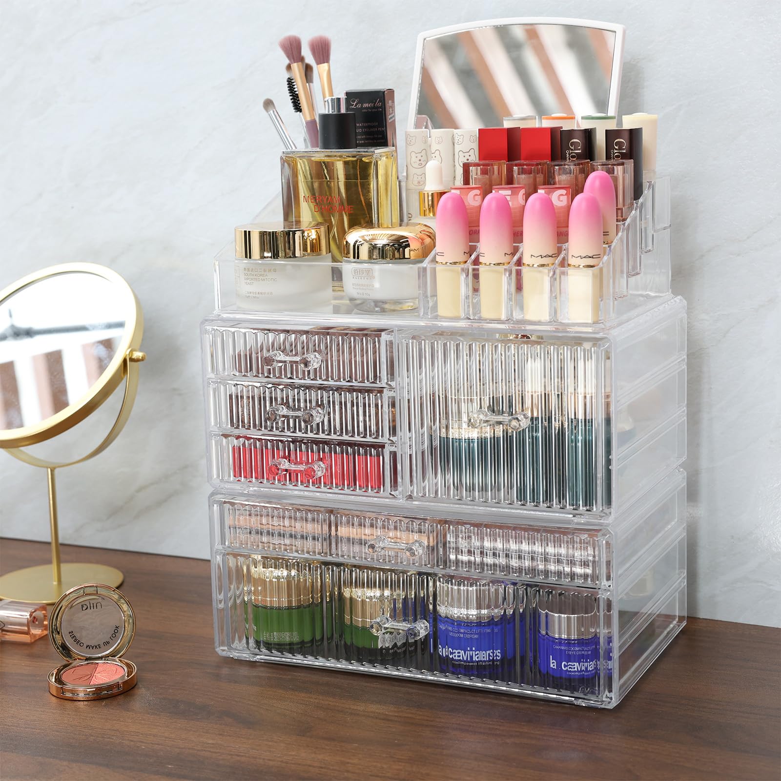 3 Pack Stackable Clear Make up Organizers for Vanity - WIth 6 drawers and 1 Removable Mirror- Hair Accessory and Cosmetic Storage Organizer for Beauty,Brush,Lipstick,Make up Holder Skincare Organizer