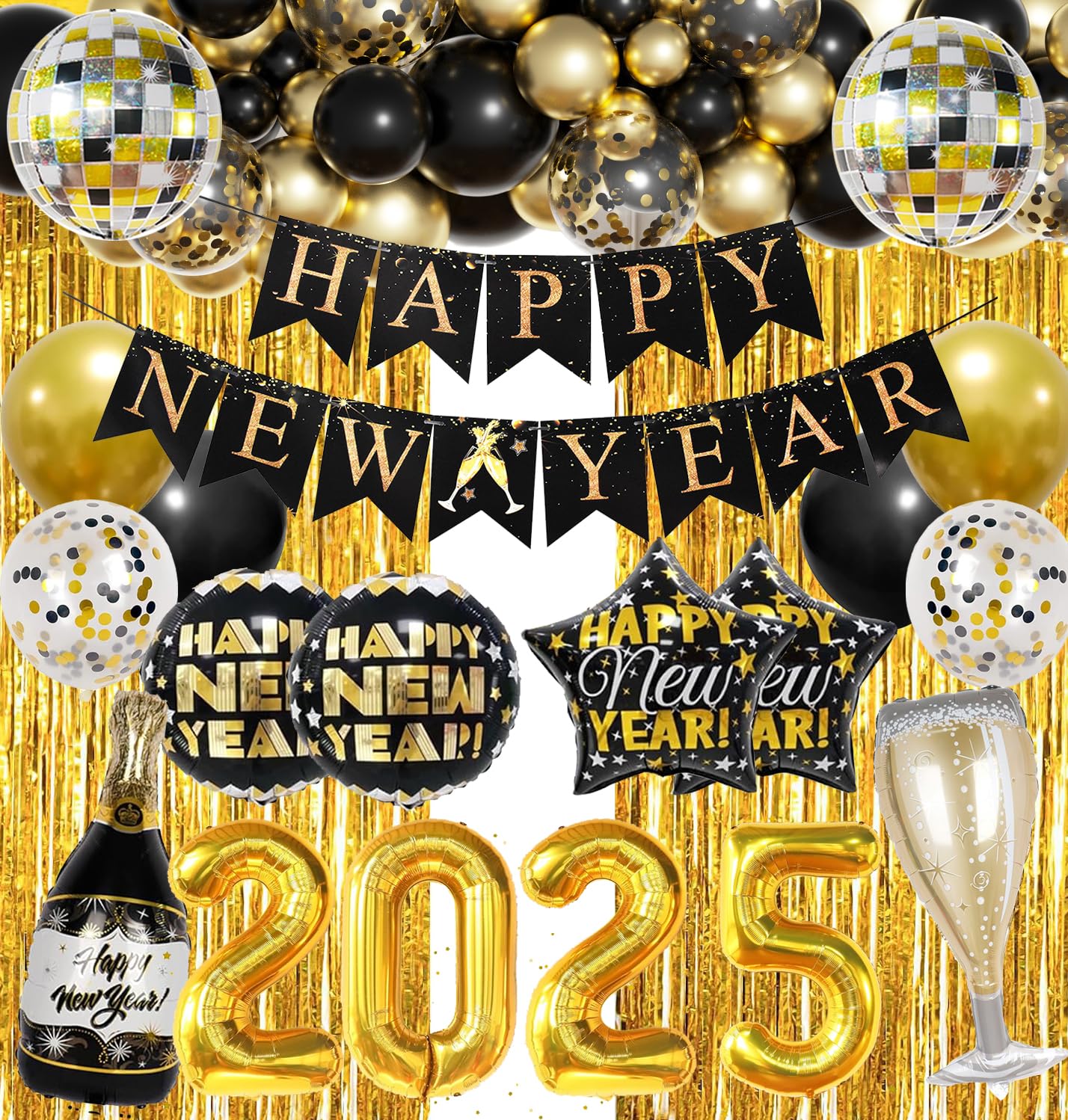 Happy New Year Party Decoration 2025 Foil Balloon Banner and Curtains Disco Balloons Champagne Balloon New Years Eve Black and Gold Party Supplies Decorations