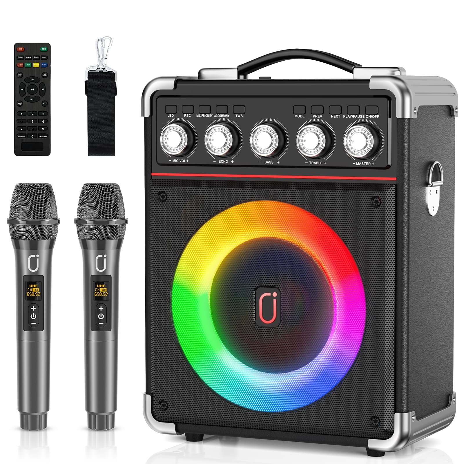 Karaoke Machine with 2 Microphones: HWWR Portable Karaoke Machine for Adults Kids, Bluetooth Karaoke Speaker with Bass/Treble Adjustment, PA System with Remote Control/LED Lights, Support REC/USB/AUX
