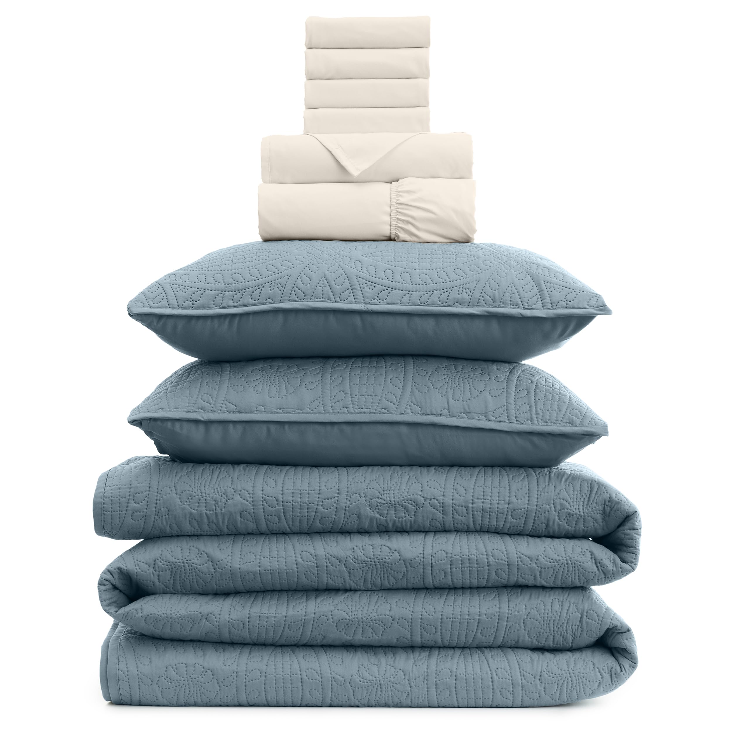 Mellanni Bedspread Coverlet Set + 6PC Sheets Set Bundle&Save - Iconic Collection Bedding - Bundle Includes: 3 Piece Oversized Quilt Set and 6 Piece Bed Sheet Set (King, Spa Blue/Ivory)