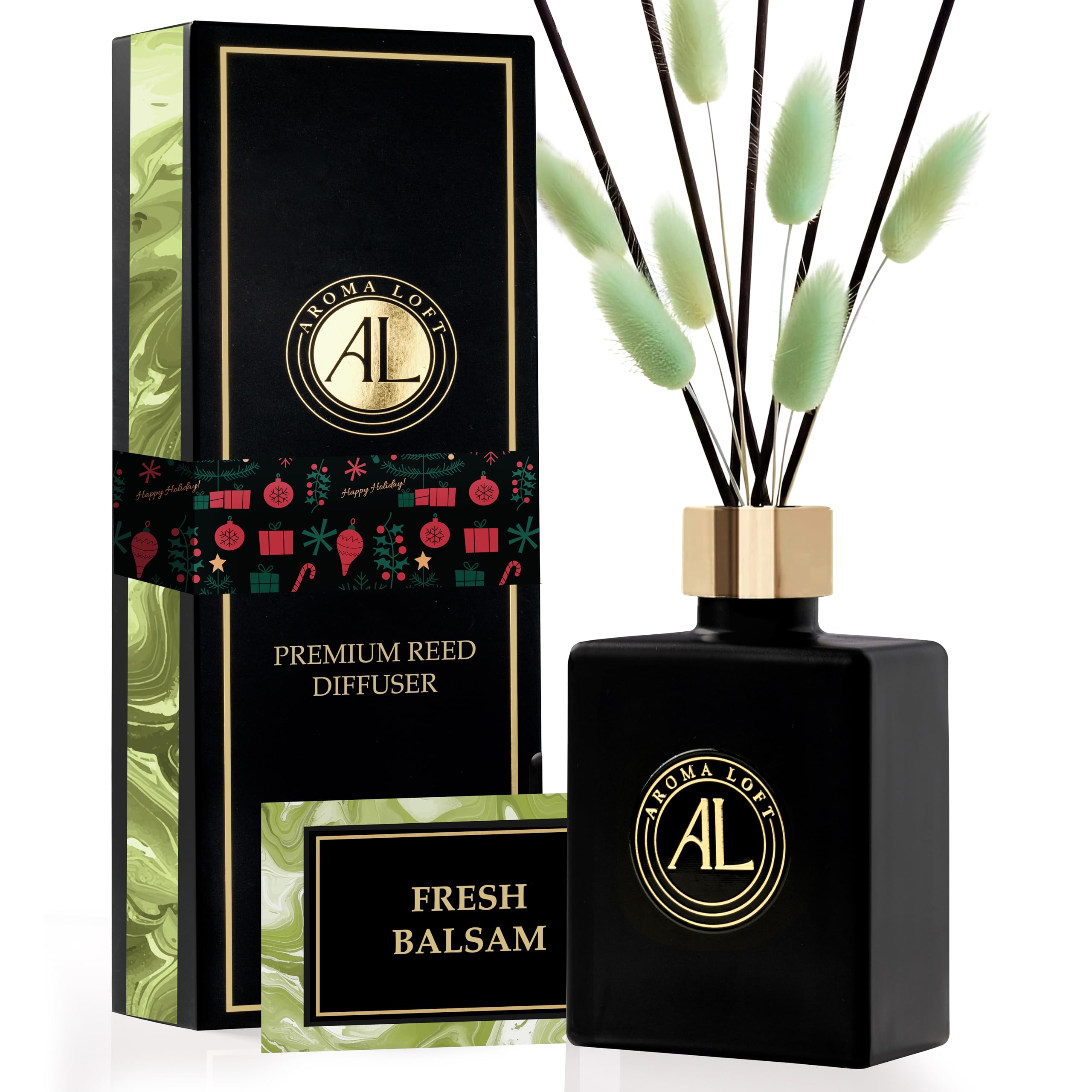 Aroma Loft Christmas Reed Diffuser - Holiday Diffuser - Balsam Fir Reed Diffuser- Home Decor Gifts -Mens Bathroom Decor(Fresh Balsam)