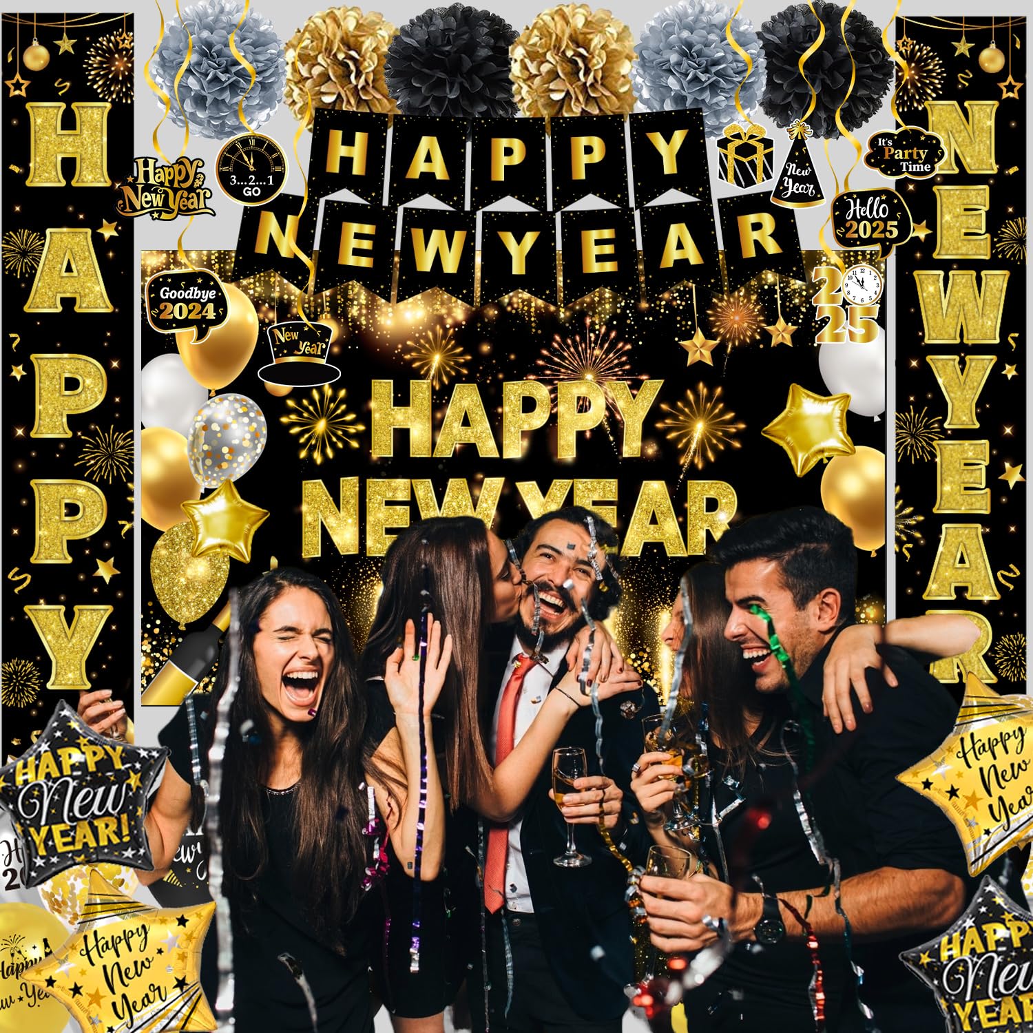 New Years Decorations 2025 - New Years Eve Party Supplies Include Banner, Backdrop, Hanging Swirls, Porch Sign, Paper Pompoms, Balloons, Foil Number 2025 for Happy New year Decorations