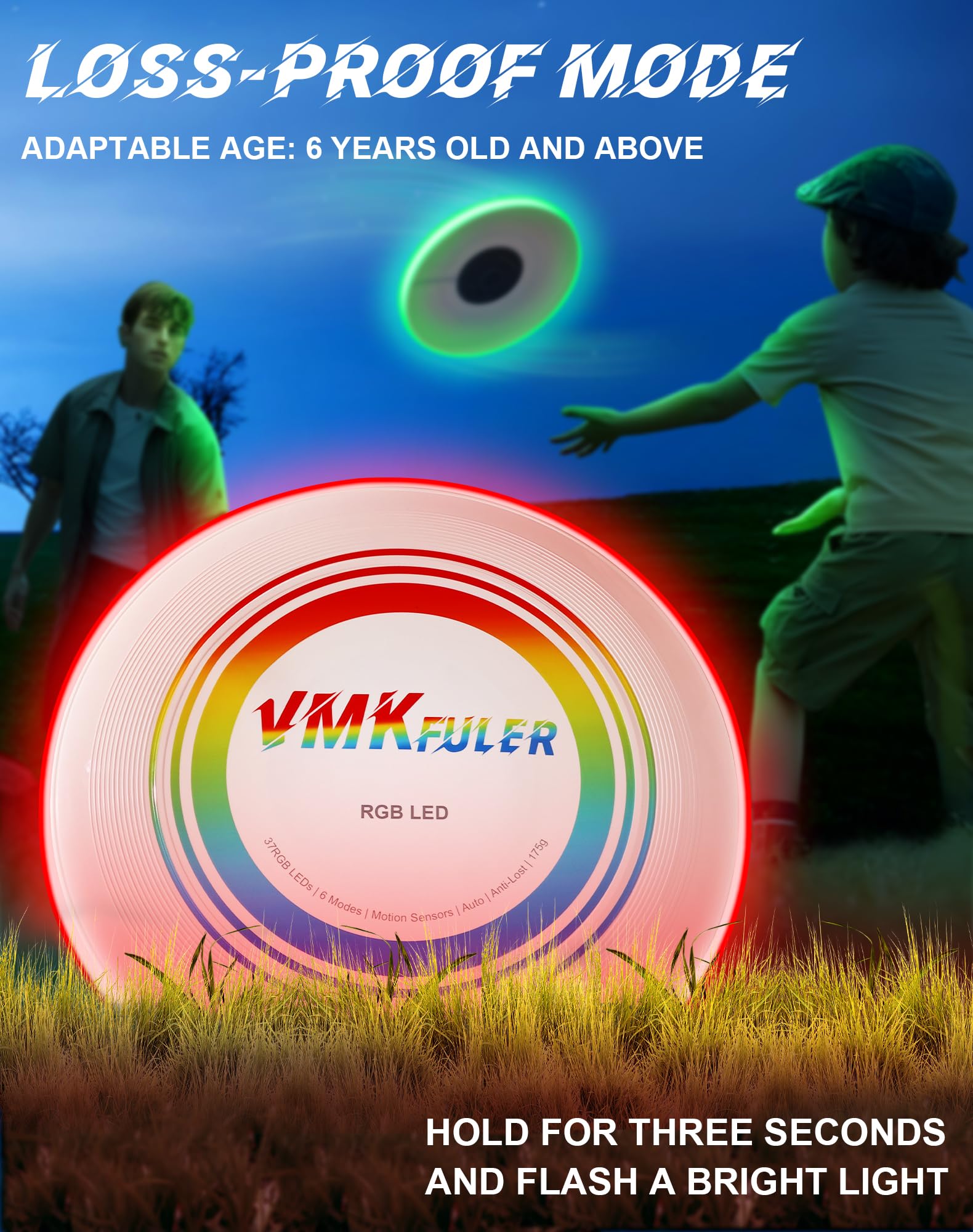 Vmkfuler LED Flying Disc-RGB LED, Light Up Ultimate Flying Disc, Smart Modes, Anti-Lost, Rechargeable, Ideal for Adult/Boys/Teens/Kids, 175g